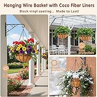 Vista 3 de Cestas colgantes de metal de 14 pulgadas para plantas al aire libre, paquete de 4, cestas colgantes redondas de alambre de metal con revestimiento