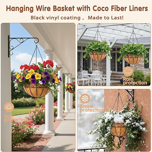 Miniatura 3 de Cestas colgantes de metal de 14 pulgadas para plantas al aire libre, paquete de 4, cestas colgantes redondas de alambre de metal con revestimiento