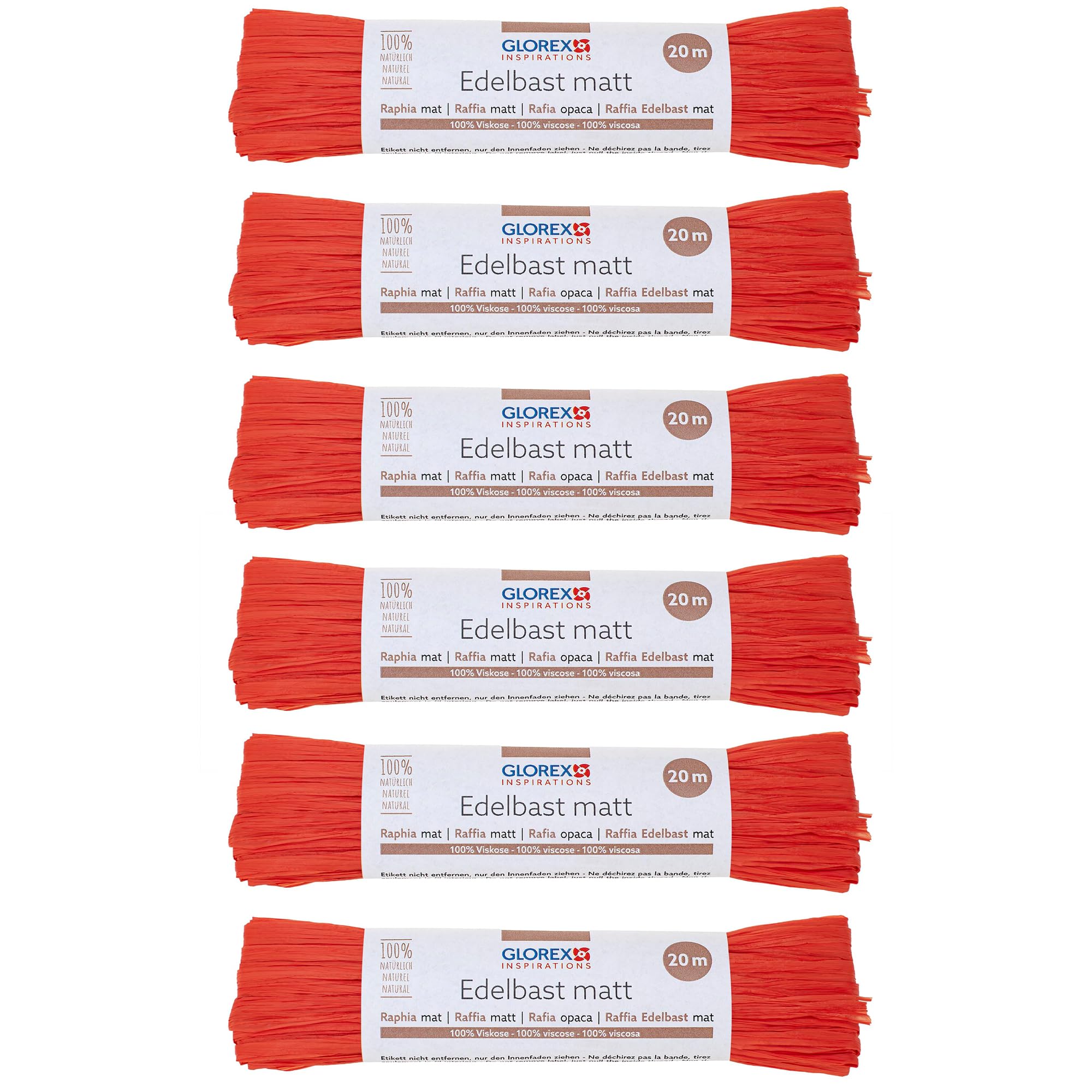 GLOREX 6 9400 503K Raffia Edelbast, 6 Bundles of 20 m Matte Raffia, Coral Red - for Crafts, Decoration or for Arrangements, Bouquets and Other Floristry Works