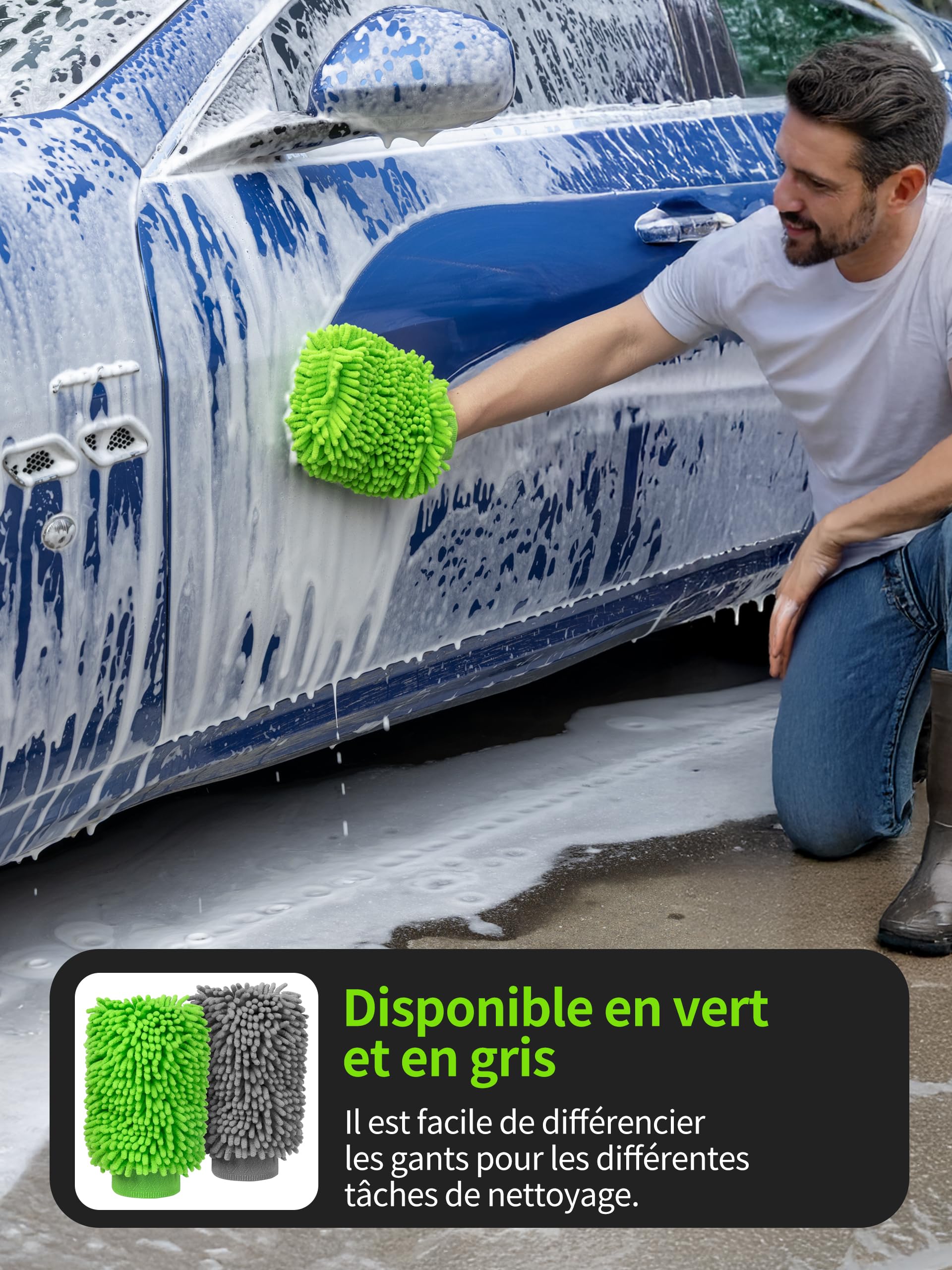 MR.SIGA Gant de Lavage en Microfibre de Chenille Souple Surchoix | Gant Microfibre pour Nettoyage de la Voiture, Lot de 2, Gris et Vert