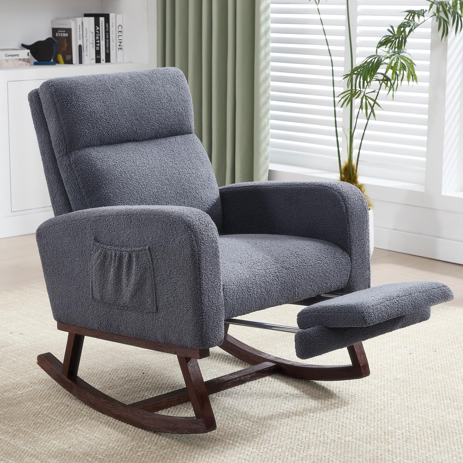 Rocking Chair Nursery with Foot Rest, Teddy Nursing Rocking Chairs for Mom Breastfeeding, Rocker Glider Chair with High Backrest for Living Room, Bedroom, Dark Grey
