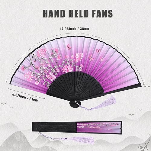 Miniatura 5 de Zonon Paquete de 4 Abanicos Plegables Florales de Mano Abanicos de Seda y Bambú con Borla para Mujeres Abanico de Mano Plegable Calado con Funda