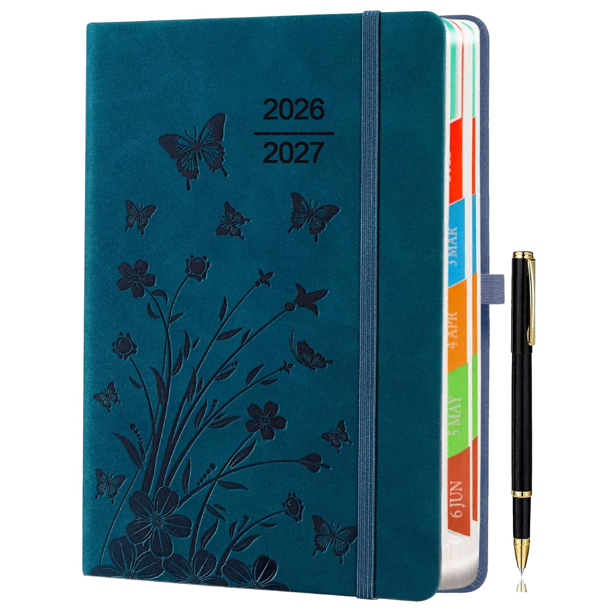 Academic Diary 2026–2027 A5 Day to Page – Peacock Blue Hardback Planner with Pen Holder, 100 gsm Paper & Ribbon Bookmarks – Academic Year Diary for Students & Teachers