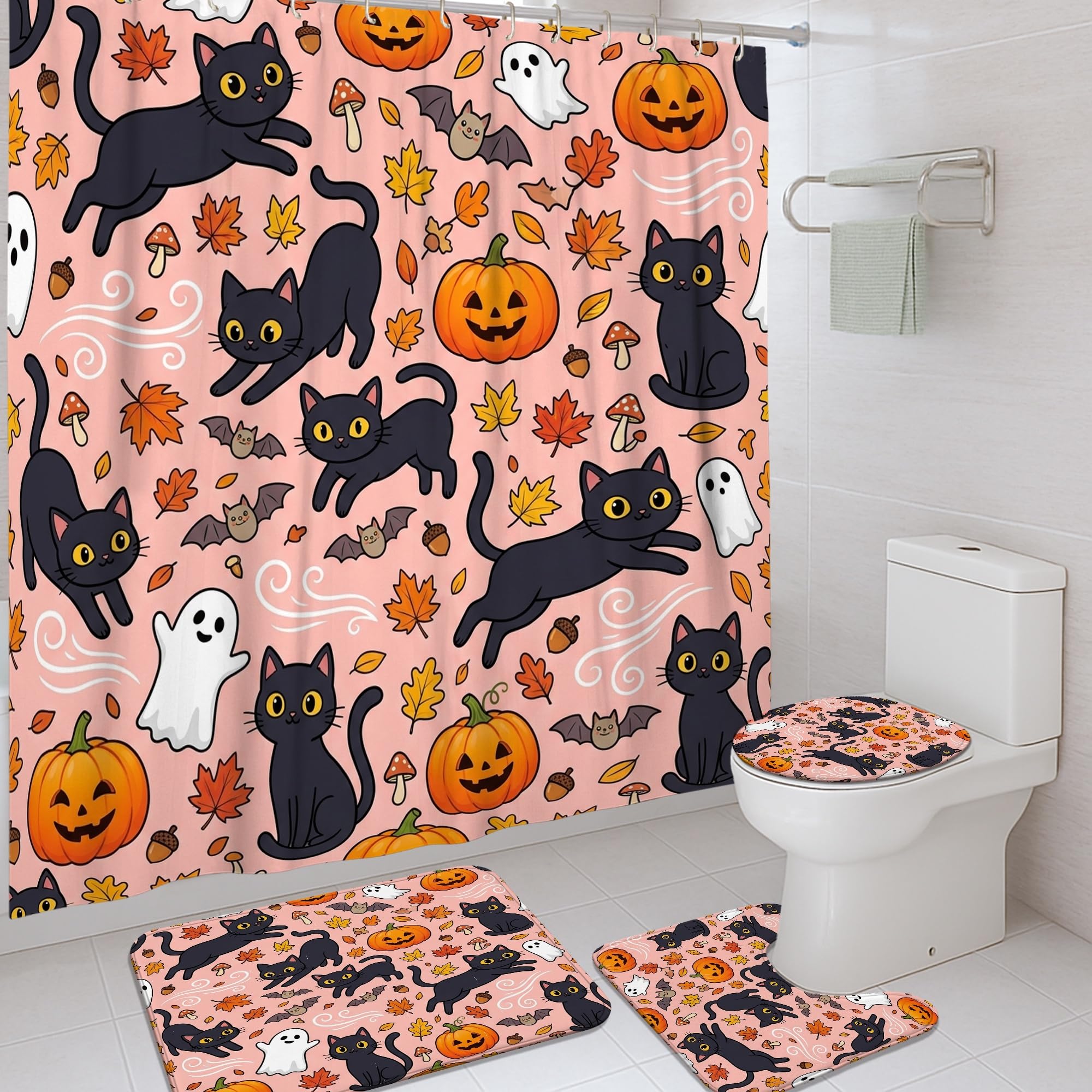 Rideau de douche Halloween chat et citrouilles en tissu imperméable 183x183 cm