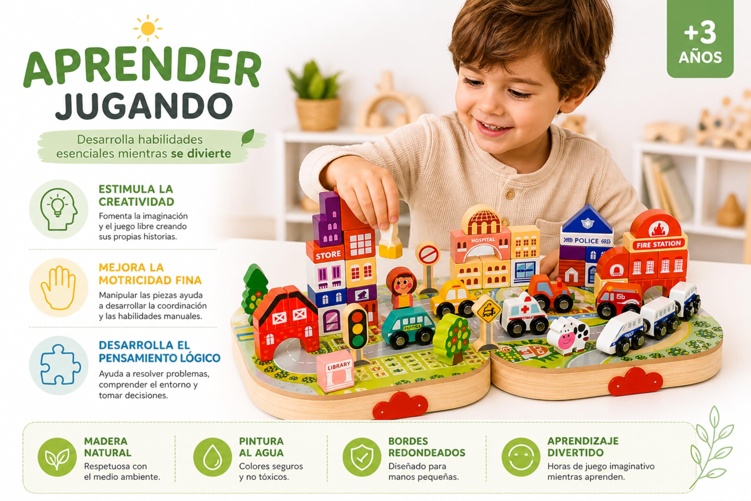 Juguete Montessori de Madera 57 Piezas para Niños 3 4 5 6 Años – Bloques de Construcción Ciudad con Tren, Coches, Edificios y Señales de Tráfico – Juego Educativo con Maletín