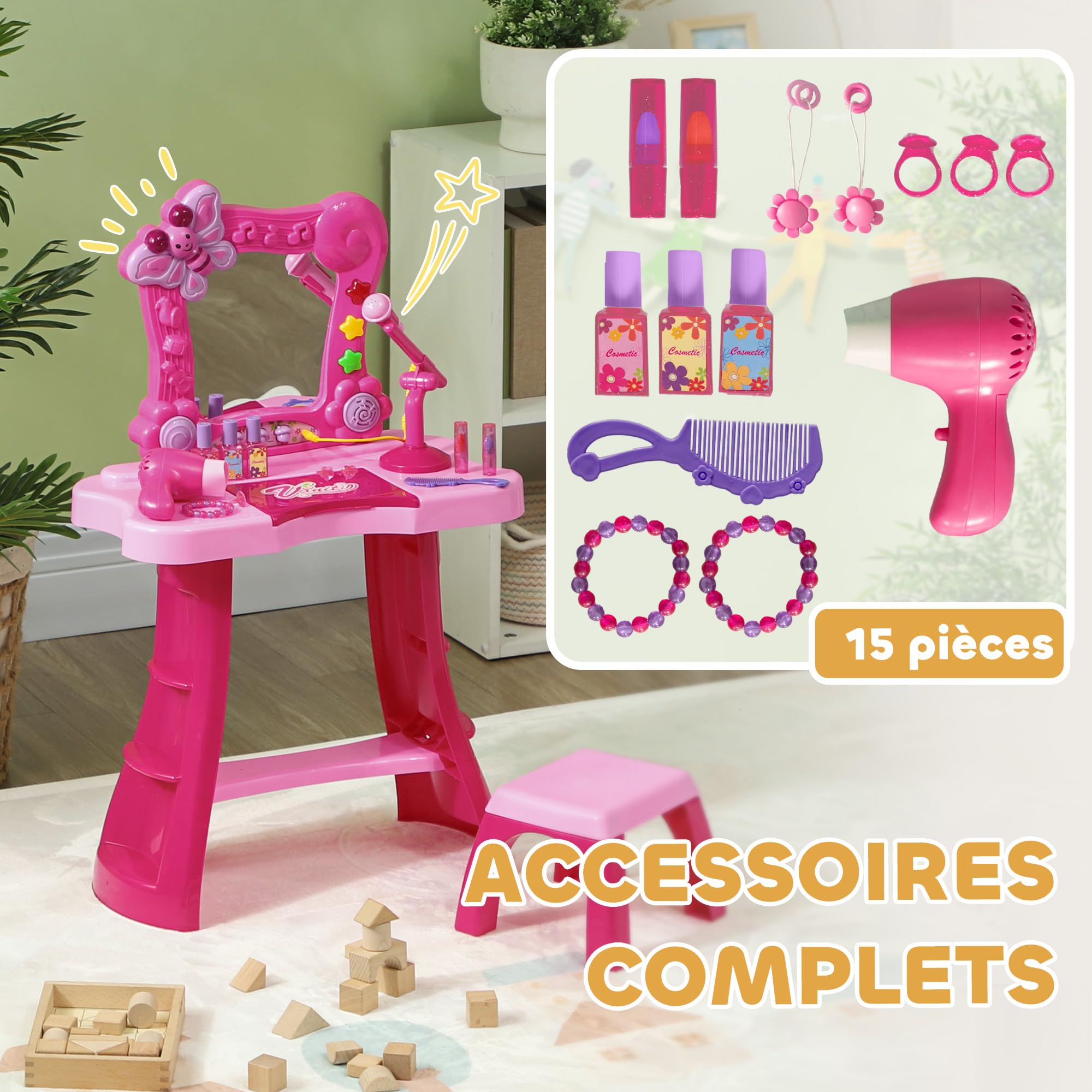 AIYAPLAY Ensemble de Coiffeuse pour Enfants 15 PCS, Table de Maquillage avec Tabouret et Miroir, lumière, Musique, Microphone, sèche-Cheveux, Espace de Rangement, pour Filles de 3 à 6 Ans, Rose