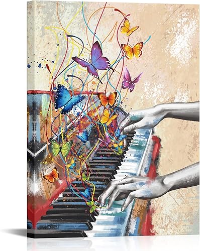 VANSEEING Lienzo de música vintage para pared, pintura de piano, impresión sobre lienzo, notas musicales, póster enmarcado para aula, sala de estar,