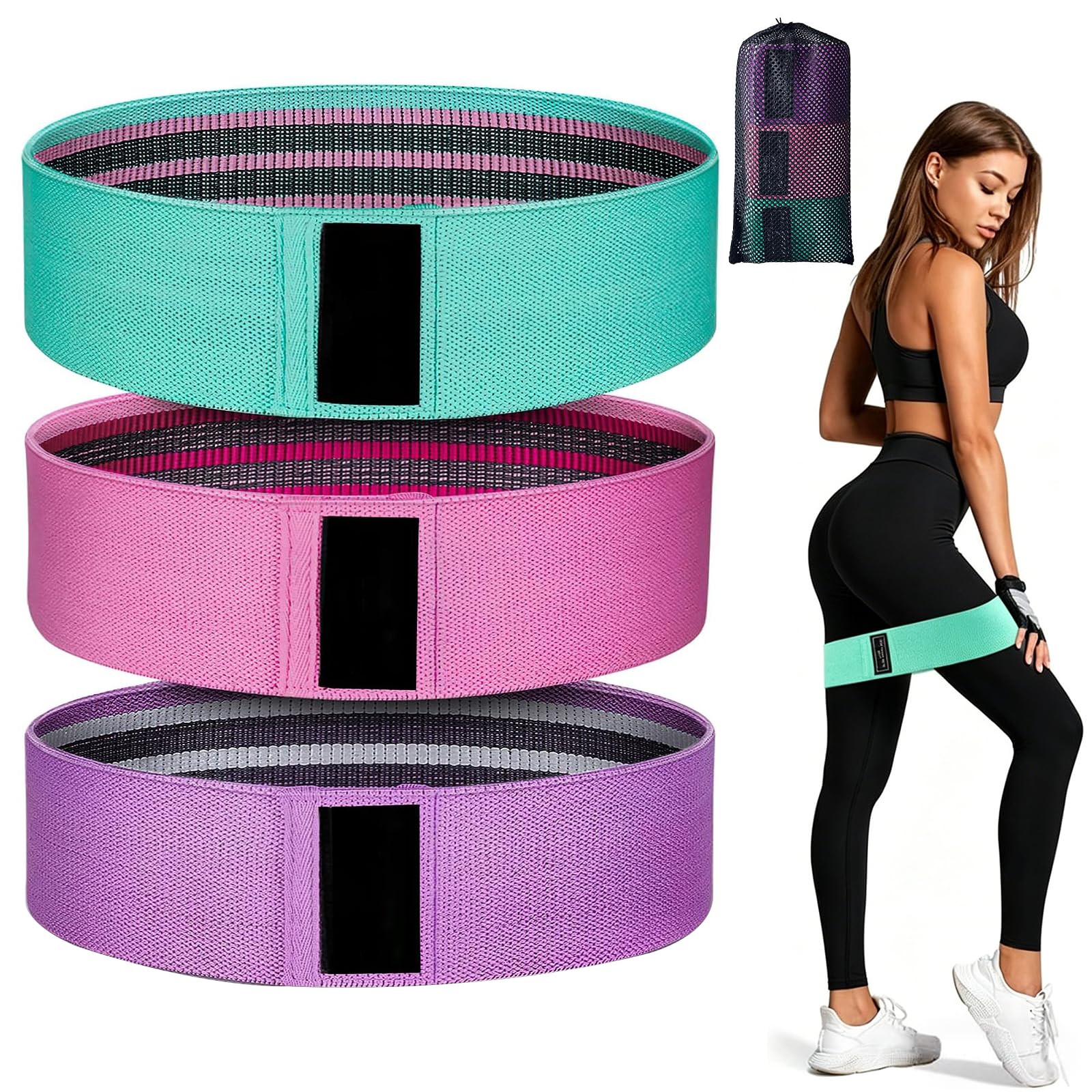 Fabric Resistance Bands Set of 3, Non-Slip Latex Inner Booty Bands for Glutes Legs and Hips, Light Medium Heavy Exercise Bands for Women and Men, Home Gym Yoga Pilates, Storage Bag Included