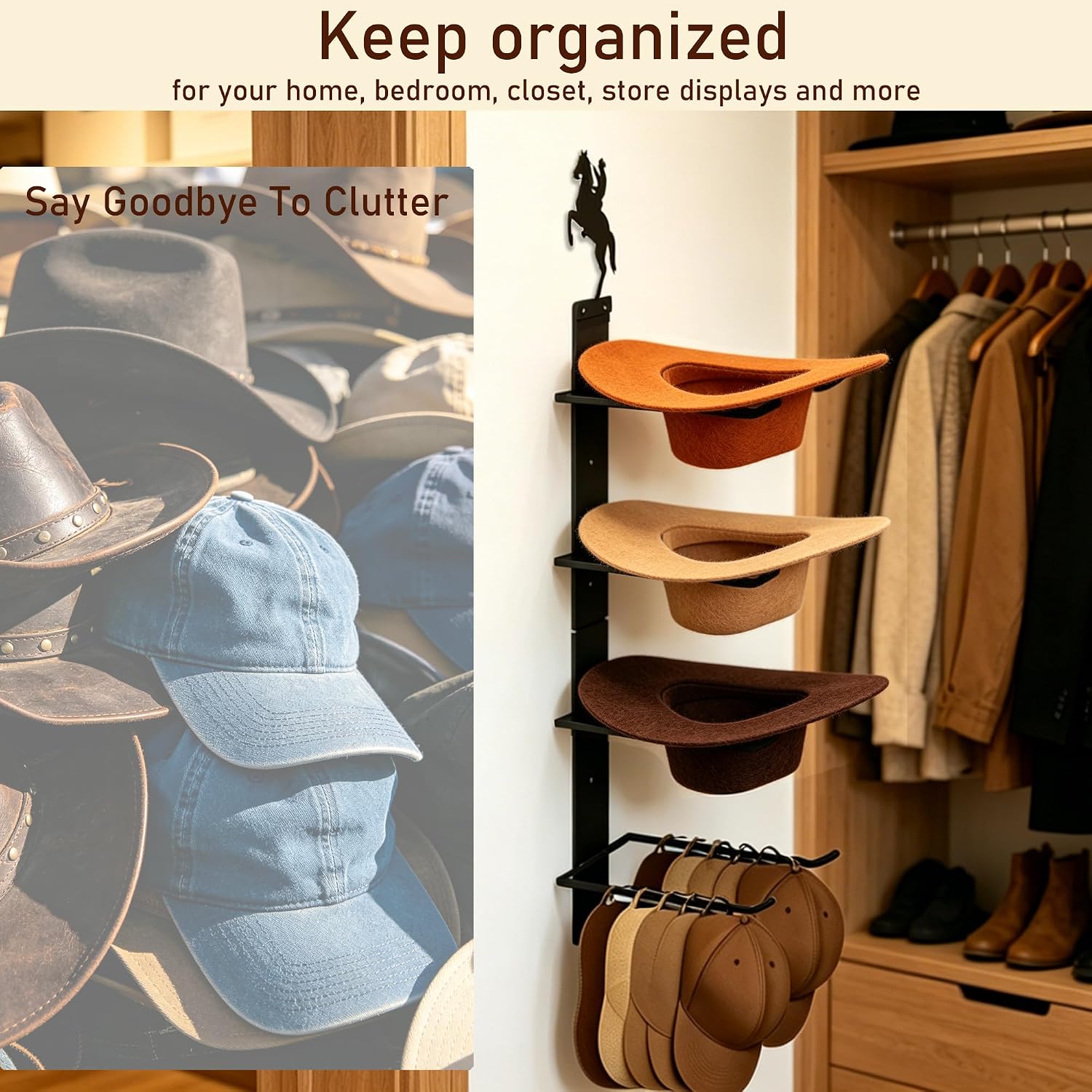 Cowboy Hat Rack Wall Mount - Minimalist Metal Hat Holder for 4 Hats, Western Style Display Stand, Horseback Cowboy Silhouette, Rustic Organizer for Fedora & Sun Hat, Western Decor Gift