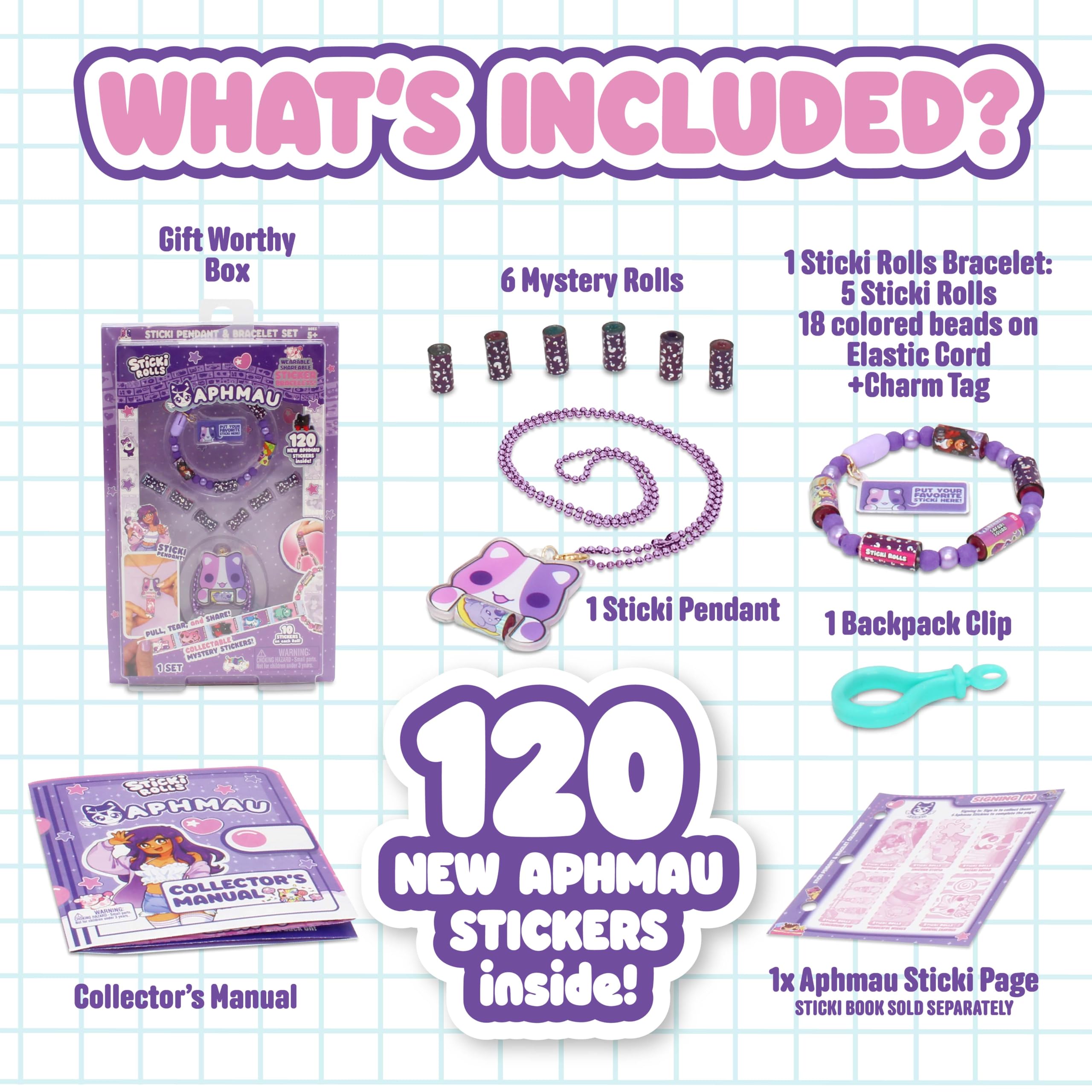 Sticki Rolls x Aphmau Ciondolo & Bracciale Set, Edizione Limitata, Include 120 Adesivi, Ciondolo Olografico Aphmau & Braccialetto, da Collezione Kawaii Divertimento!