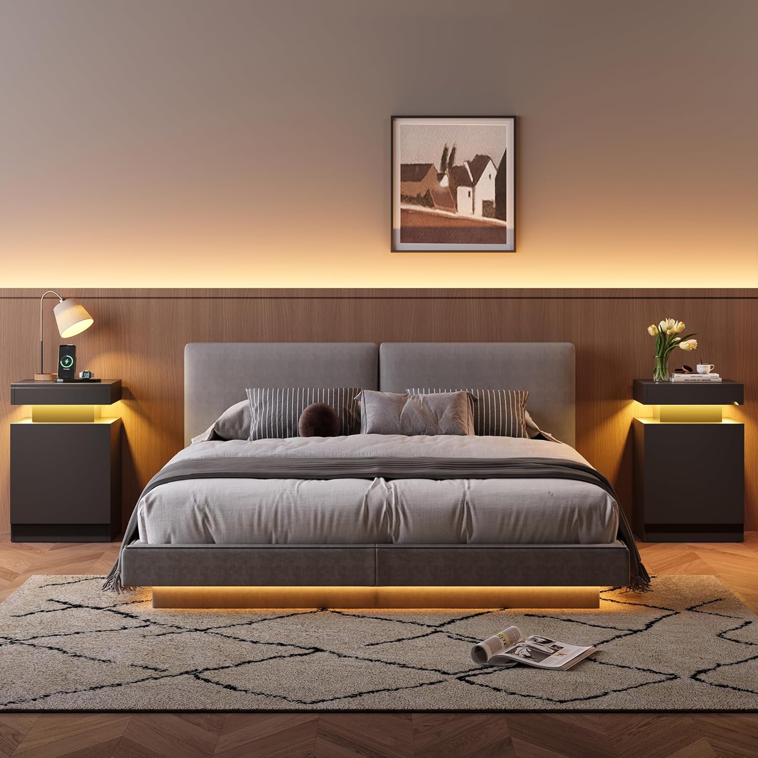 MXV Nightstand Set of 2 with LED Lights,Night Stand with Storage Cabinet for Bedroom,Bedside Table with LED (Black, 15IN)