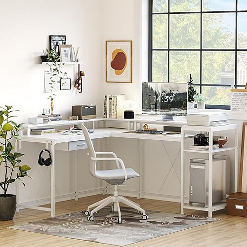 Miniatura 2 de Escritorio para juegos en forma de L, escritorio de computadora de 68 pulgadas con tomas de corriente y luces LED, escritorio de oficina en casa con