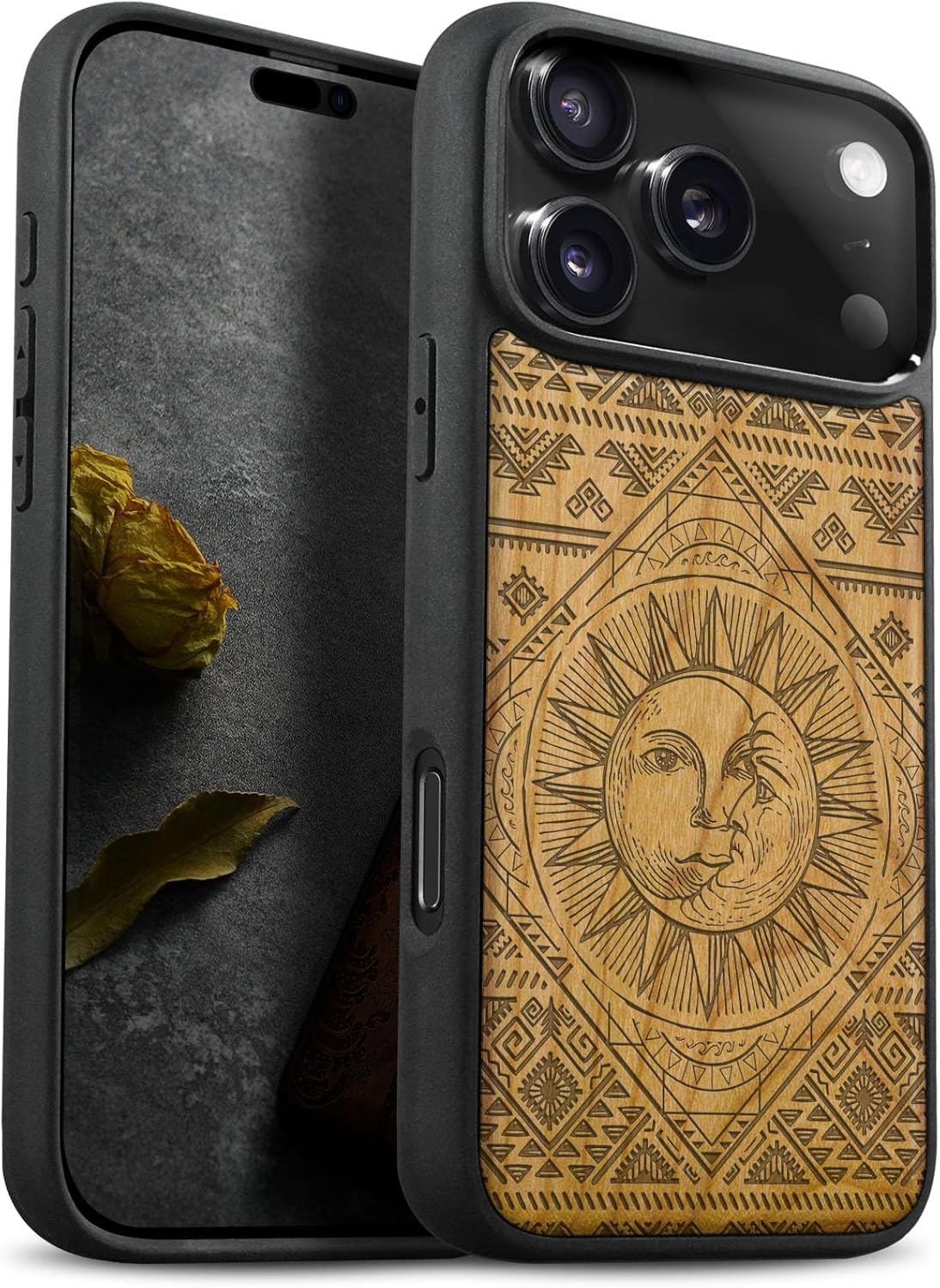 Carveit Magnetic Wooden Case for iPhone 17 Pro Max Case, Wood Artisan Engraved & Black Soft TPU Shockproof Cover, Compatible with MagSafe Wireless Chargers (Norse Resonance - Mjollnir) Rosy