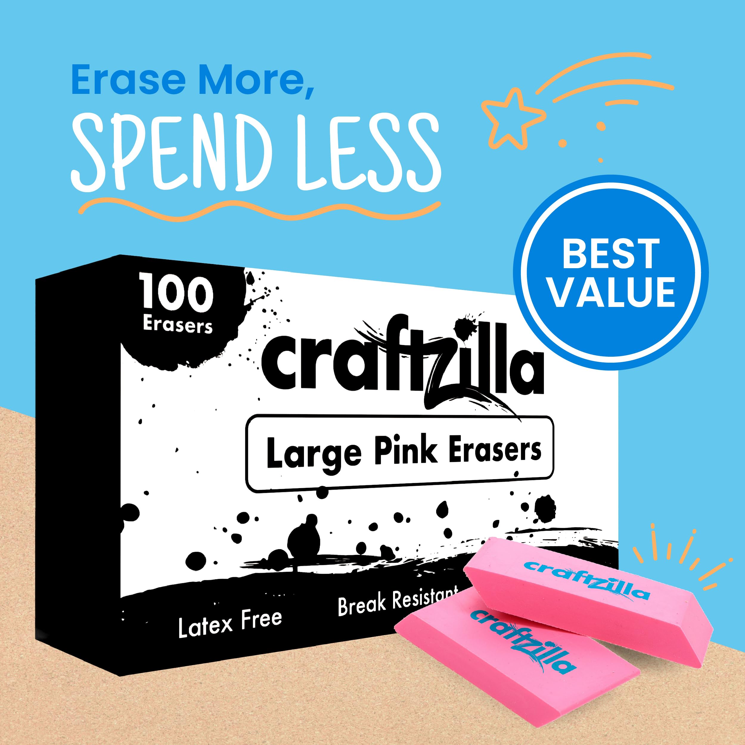 Craftzilla Pink Erasers Bulk 100 Pack - Large Latex- Free Bulk Erasers for Kids, Classroom, and School Supplies - Ideal for Pencils and Drawing - Teacher Supplies - Borradores Escolares