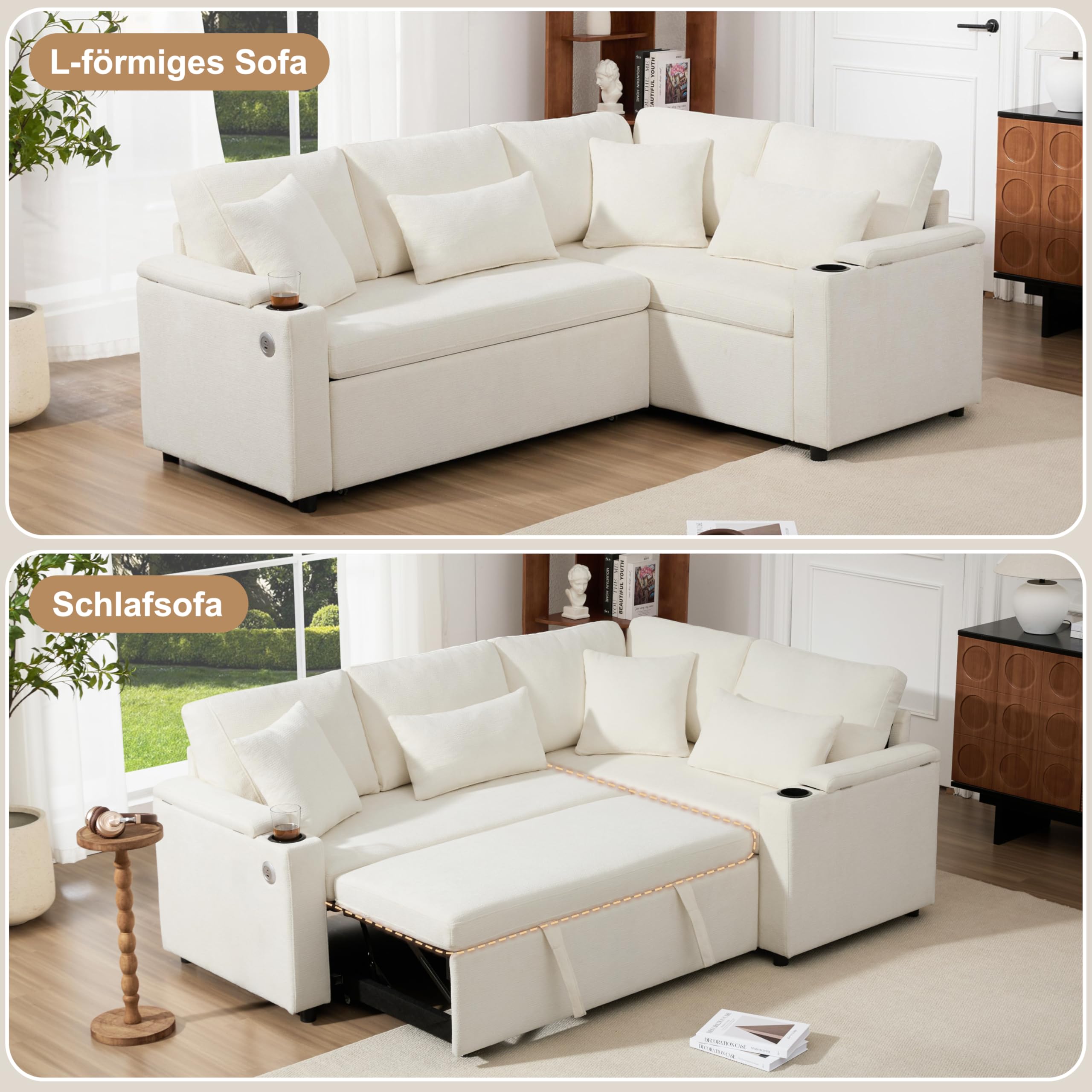 Bladez Divano letto a forma di L, divano ad angolo allungabile, velluto di ciniglia, chaise longue con vano portaoggetti, porta di ricarica, supporto per braccioli, per soggiorno (beige-A)