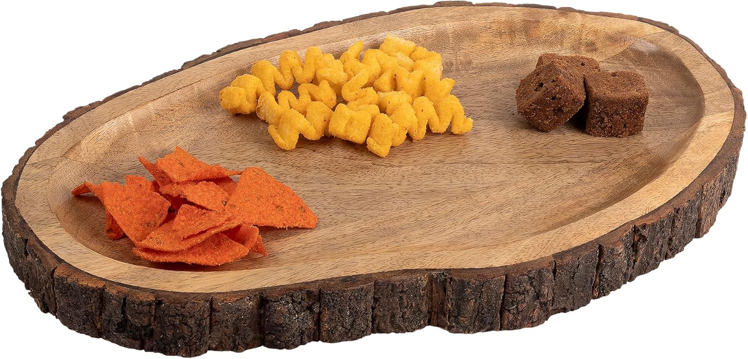 GoCraft Oval Wooden Serving Platter with Tree Bark Edges – Mango Wood Charcuterie Board, 17" x 10", Rustic Platter for Serving Cheese, Appetizers, Snacks, Fruit, and More – Perfect for Entertaining