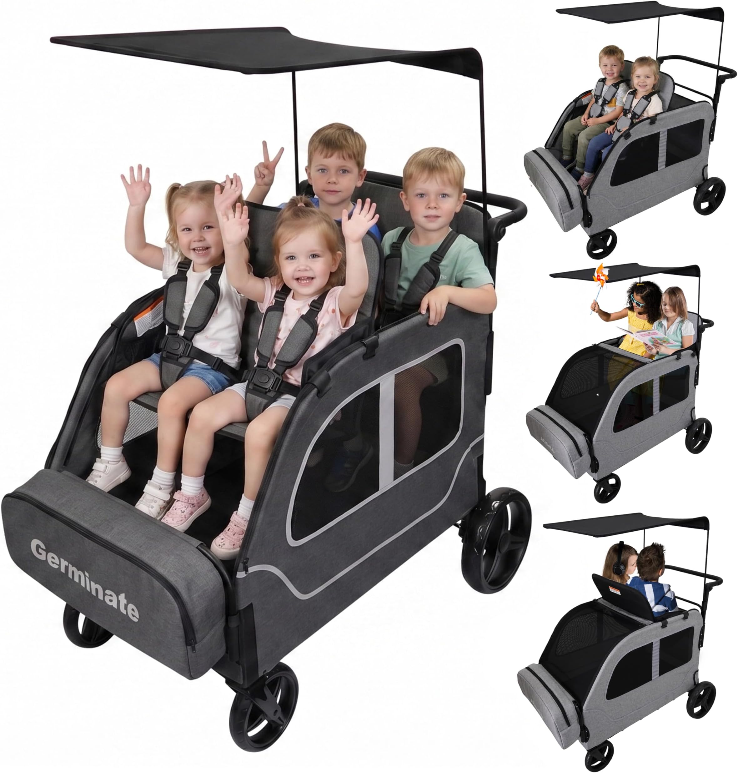 4 Seater Wagon Stroller, Large Quad Wagon for Kids 2 3 4 Baby Toddlers Child with Double Seat, Travel All Terrain Triple Stroller, Adjustable Push Pull Handle, Removable Canopy, Dark Grey