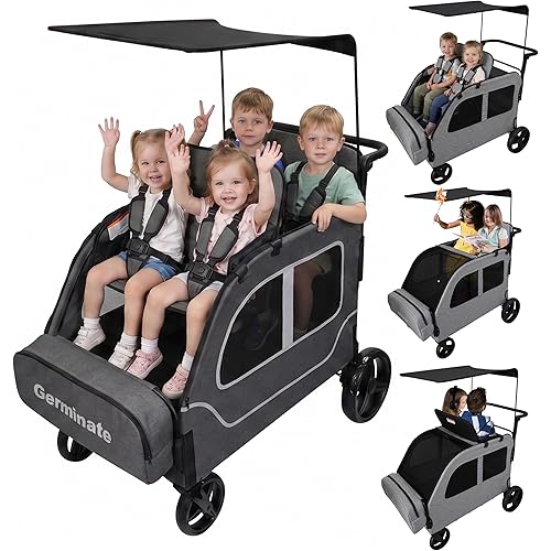 4 Seater Wagon Stroller, Large Quad Wagon for Kids 2 3 4 Baby Toddlers Child with Double Seat, Travel All Terrain Triple Stroller, Adjustable Push Pull Handle, Removable Canopy, Dark Grey