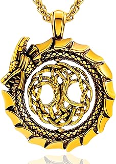 Dragon Necklace 18K Gold Plated/Black Metal/Stainless Steel Norse Tree of life Talisman Viking Dragon Pendant Necklace Lucky Amulet, Retro Yggdrasil Viking Jewelry Gift for Men and Women with Gift Box