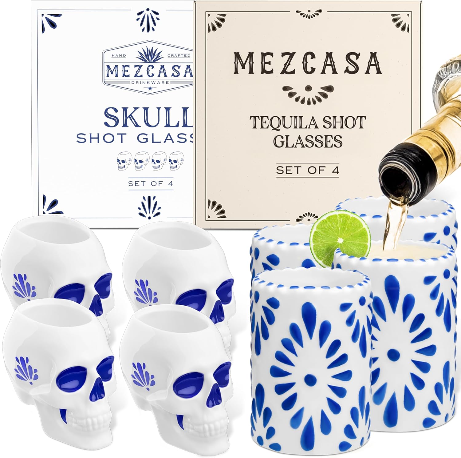 Mexican Shot Glasses Bundle – Talavera Ceramic Shot Glasses (Blue) & Skull Shot Glasses, Handmade Tequila Glasses, Set of 8 (2 oz)
