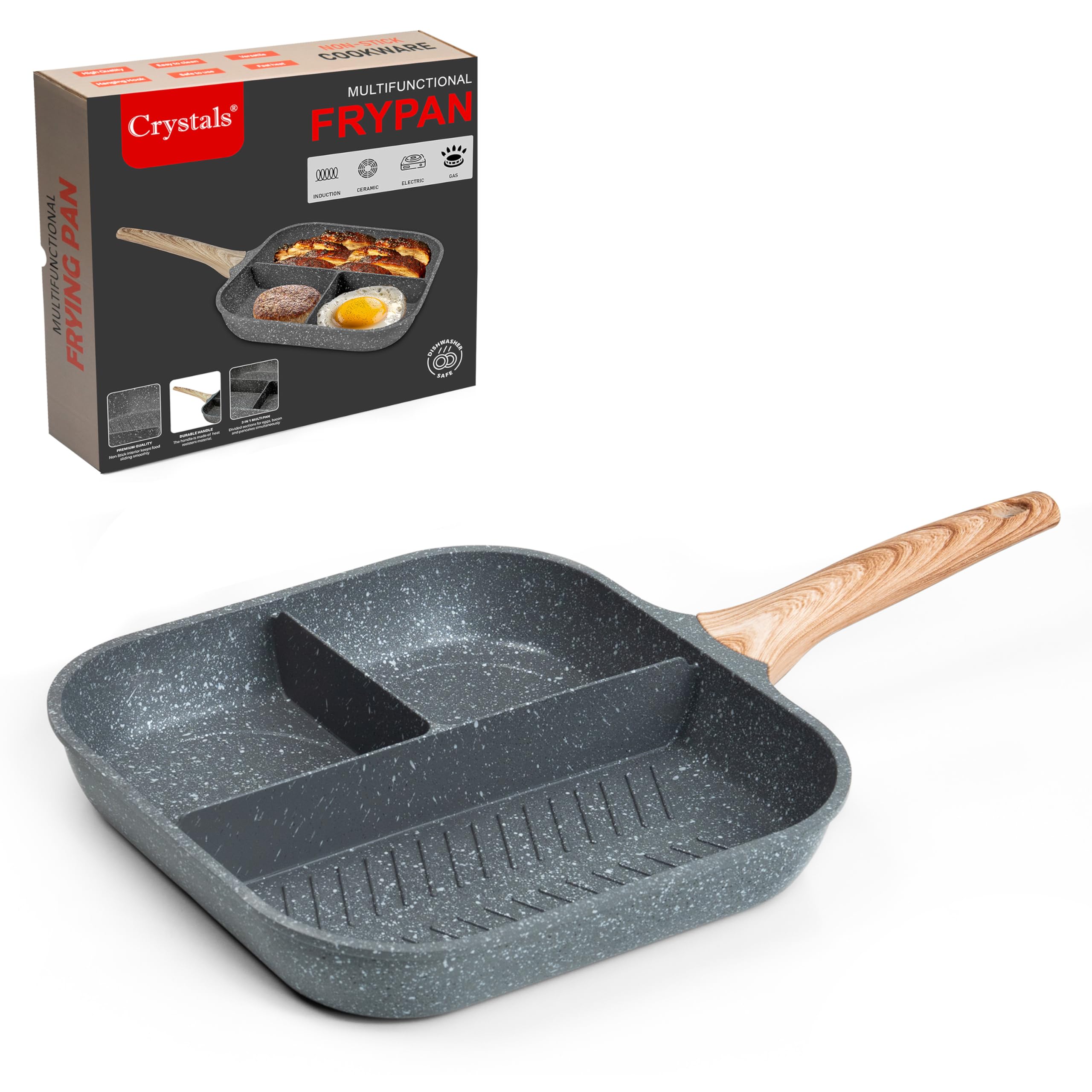 Crystals Non Stick Frying Pan, 3 in 1 Section Fry Pan with Wooden Handle, Small Induction Egg Frying Pan 28cm