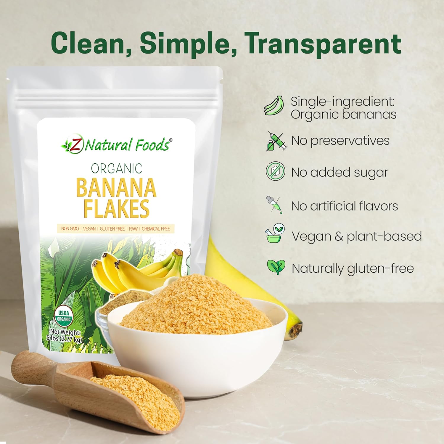 Z Natural Foods Organic Banana Flakes - Crisp Ripe Bananas for Potassium & Fiber Support, Digestive Health, Skin Glow - Natural Flavor & Dried Flake, Mix in Smoothies Yogurt Cereal & Recipes, 5 lbs