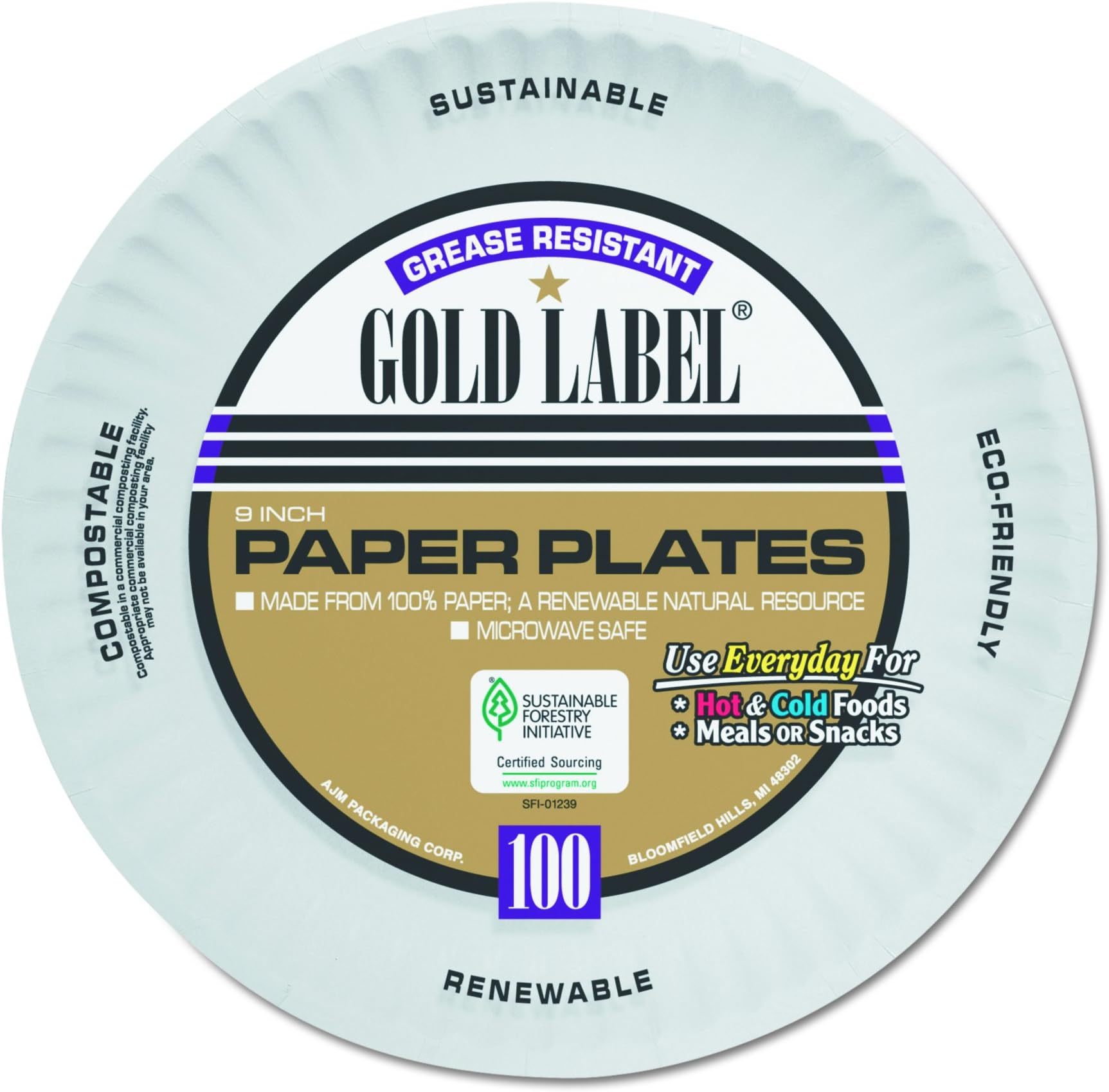 AJM Packaging CP9GOAWH Gold Label White Coated Paper Plate, 9" Diameter (12 Packs of 100)