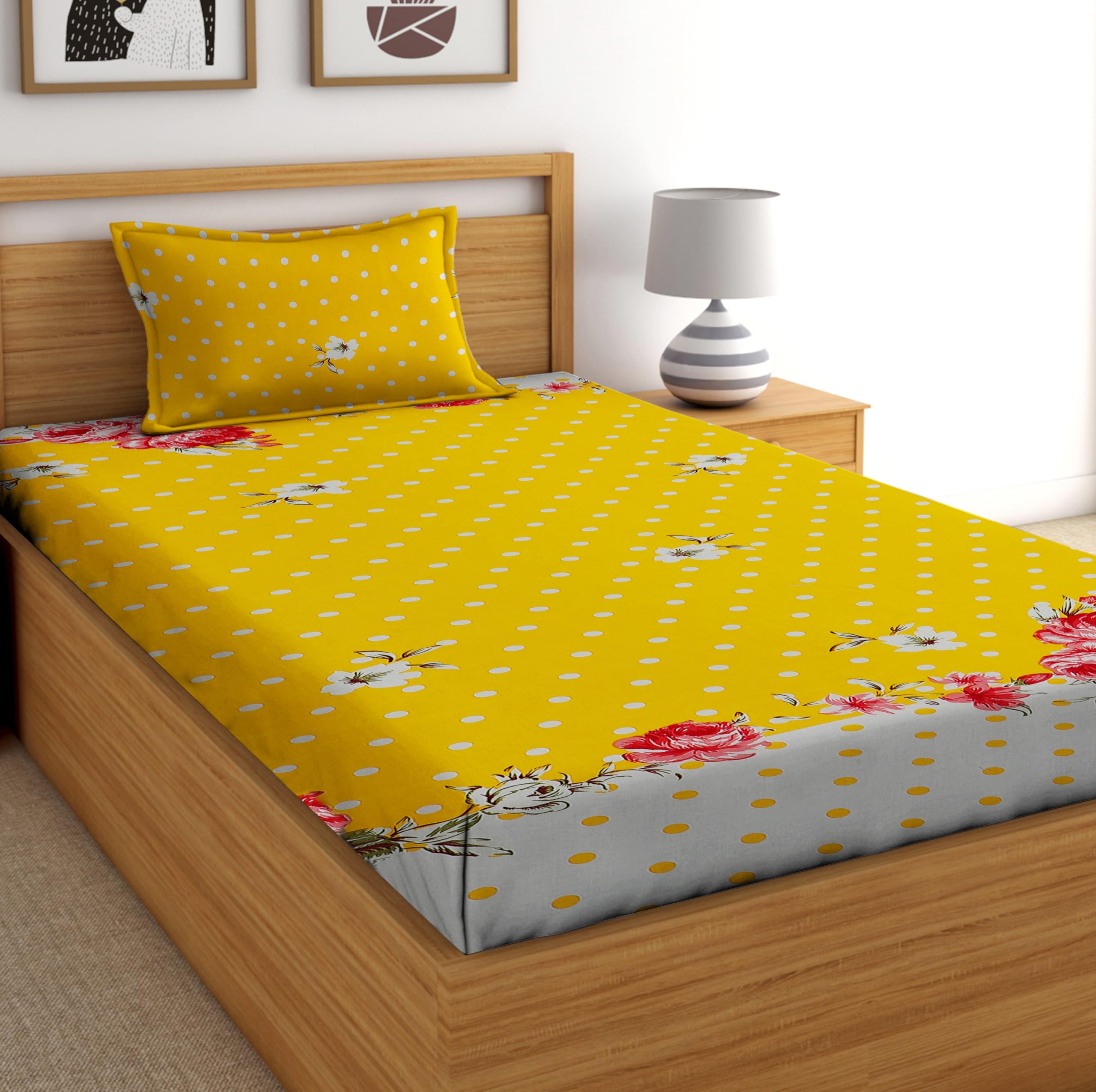 DECORUM Glace Cotton All Around Elastic Fitted Single Bedsheet (72"x48") with 1 Pillow Cover | Soft, Smooth & Wrinkle-Free Fabric | Fits Up to 6" Mattress | 200-220 TC