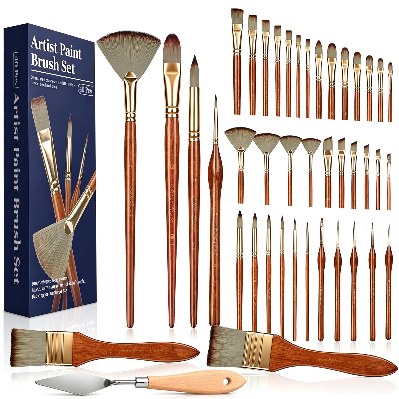 SAKEYR 40PCS Professional Paint Brush Set, Complete Brush System with Multiple Shapes & Sizes, Synthetic Nylon Bristles for Acrylic, Watercolor, Gouache & Oil Painting with Canvas Roll & Palette Knife