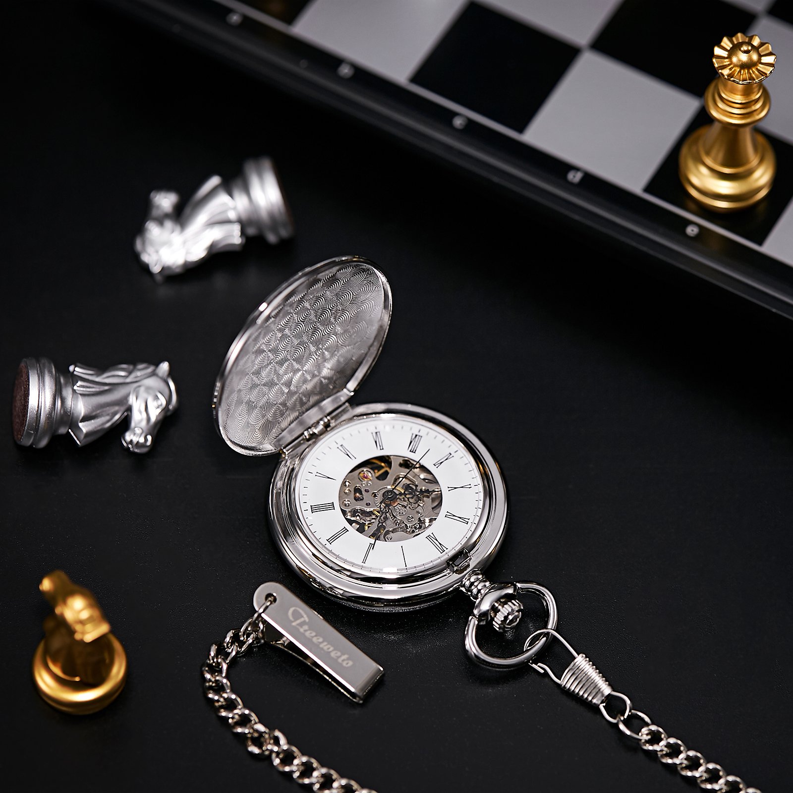Treeweto Reloj de Bolsillo Unisex con Cadena de Cuerda analógica y Mecanismo Retro Plateado Pulido Brillante