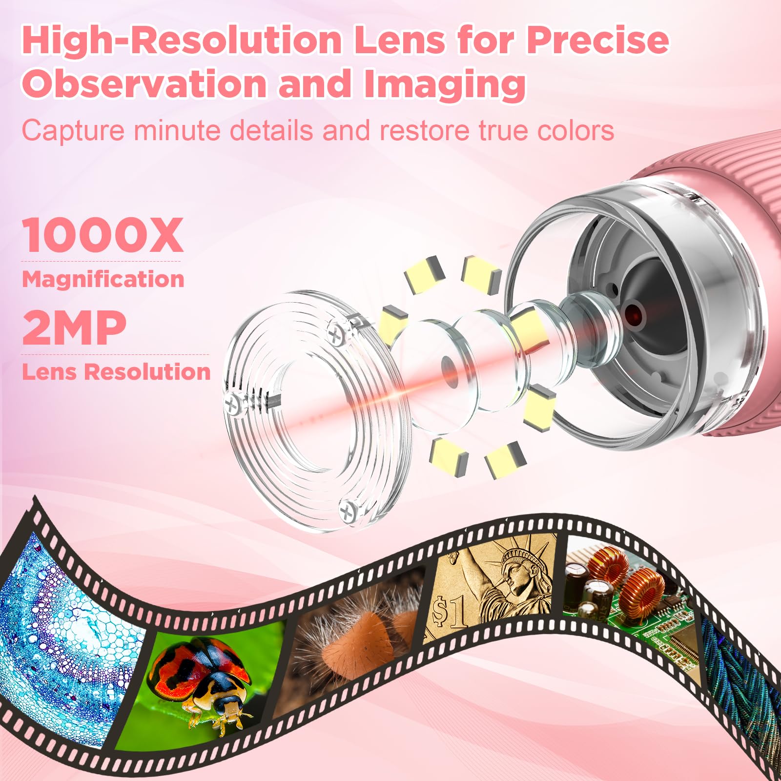 MAXLAPTER Microscopio Digitale Portatile per Bambini: 1000X Microscopio Tascabile con Schermo IPS da 2" e 8 Luci a LED Regolabili - Regalo di Compleanno per Ragazzi e Ragazze dai 3-12 Anni, Rosa