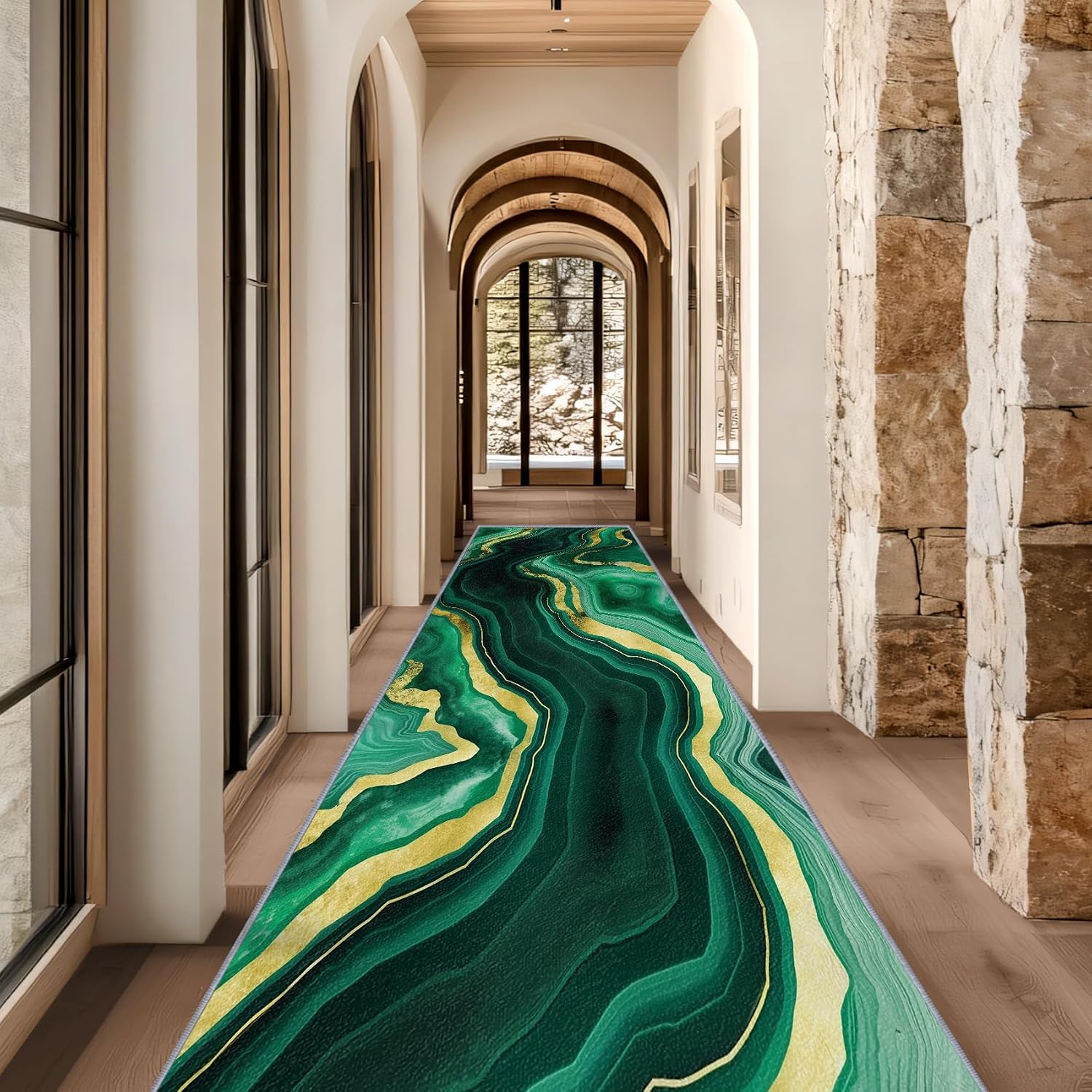 Marble Runner Rug, 2x6ft, Emerald Green and Gold Runners for Hallways, Abstract Luxury Modern Runner Rug Non Slip Soft Home Decor