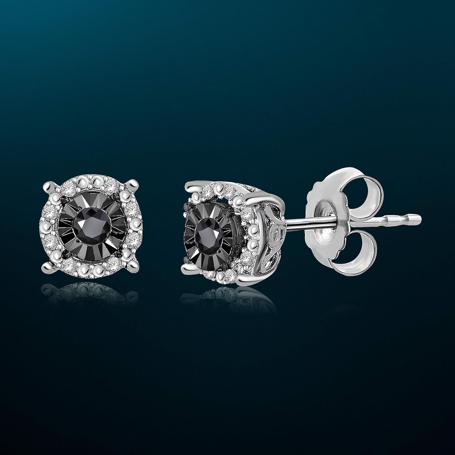 NATALIA DRAKE Black Diamond Stud Earrings for Women or Men in Rhodium Plated Sterling Silver Halo Style Flat Back Post Earring