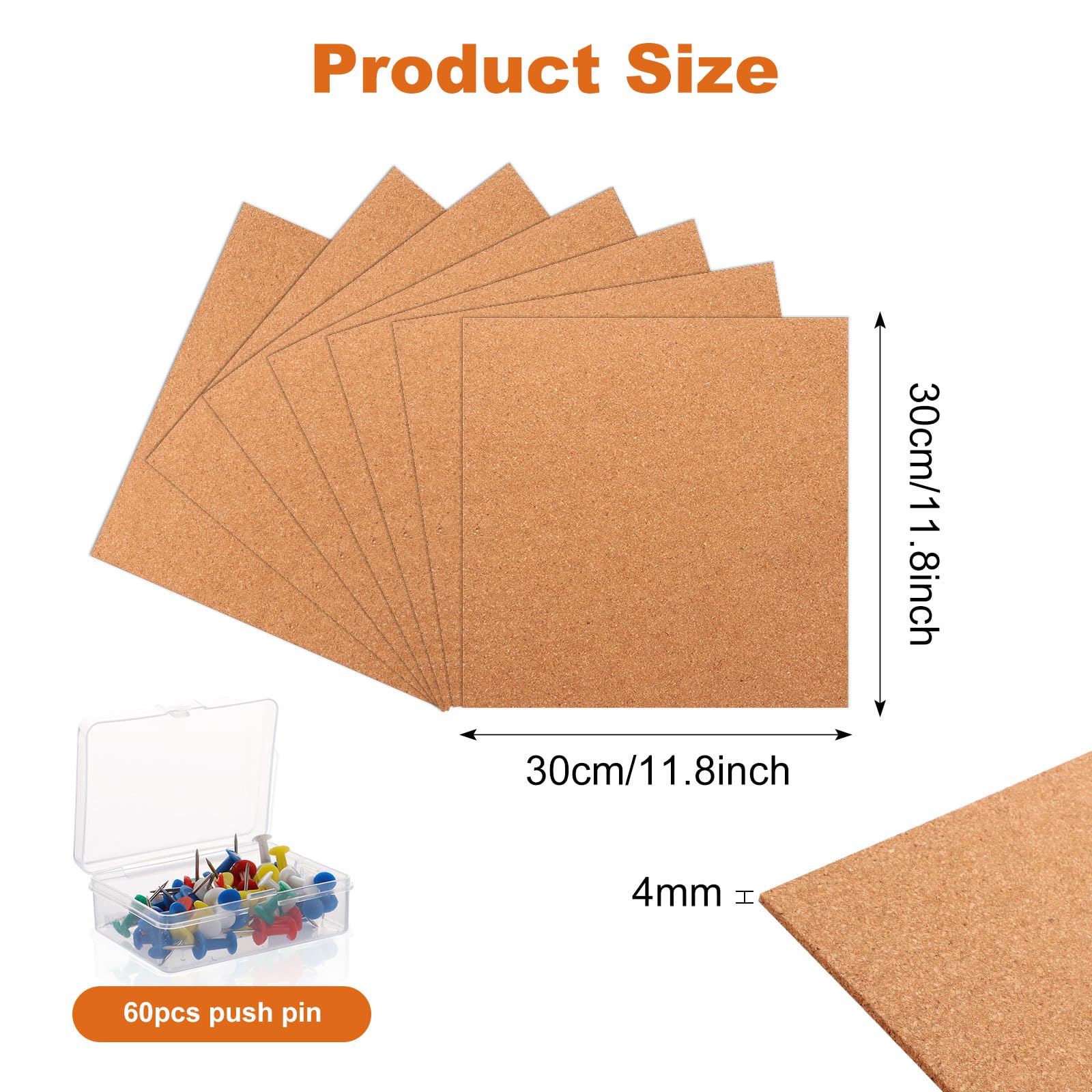 YAYODS 20PCS Cork Boards 30 x 30 cm, 4mm Thick Square Tiles for Walls With 60 Push Pins, for Office Home, School - Image 2