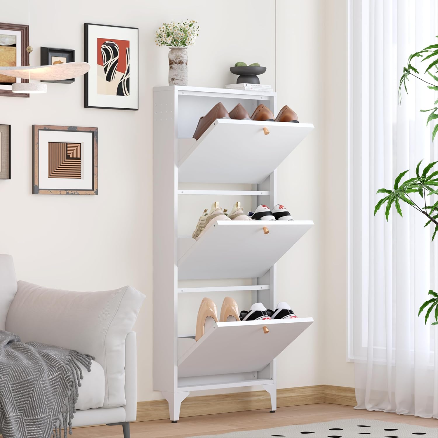 Shoe Storage Cabinet for Entryway with 3 Flip Drawers, Freestanding Shoe Organizer with Legs,Farmhouse Narrow Shoe Storage Cabinet for Entryway, Foyer,Living Room