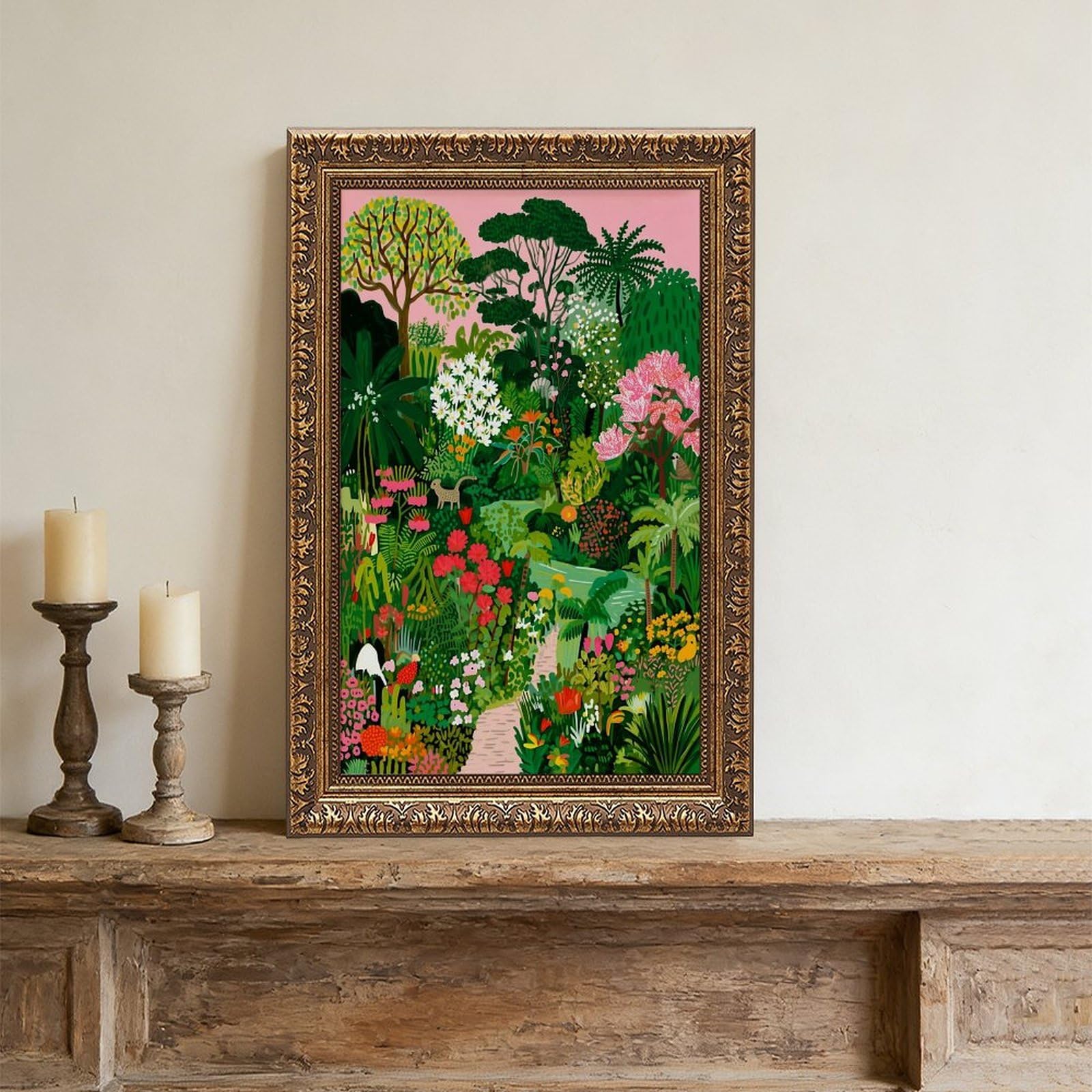 AYINUER Kunstdruck auf Leinwand, Motiv: tropischer Garten, für Schlafsaal, Dekoration, Geschenk | 50,8 cm L x 76,2 cm B, Retro-Goldrahmen, mehrere Größen, mehrere Rahmenstile, Wandkunst, Dekobild, Heimdekoration