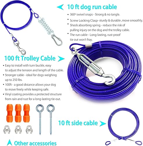 Miniatura 8 de Sistema patentado de amarre para perros resistentes con cremallera para perros pequeños a grandes, cable aéreo de 75 pies con cable de 10 pies y 2