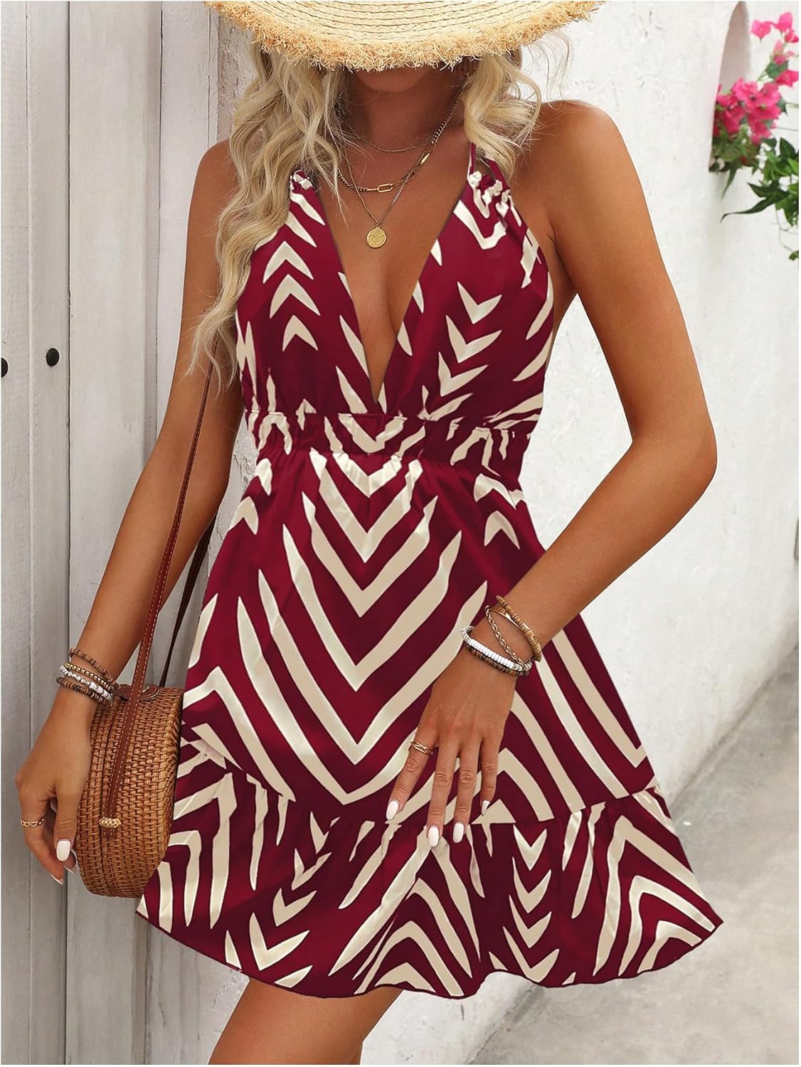 SOLY HUX Women's Allover Print Summer Dress Halter Deep V Neck Ruffle Hem Short Dresses - Image 4