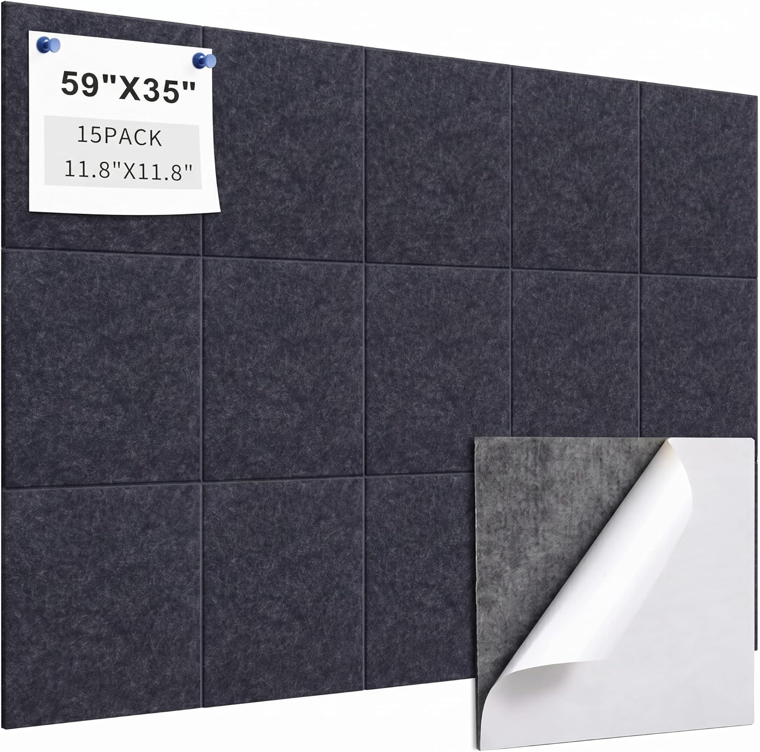 Cork Boards for Walls, 15 Pack 12x12 Durable Bulletin Board with Excellent Sound Absorption, 1/2" Thick Black Pin Boards for Walls with Push Pins for School, Home & Office