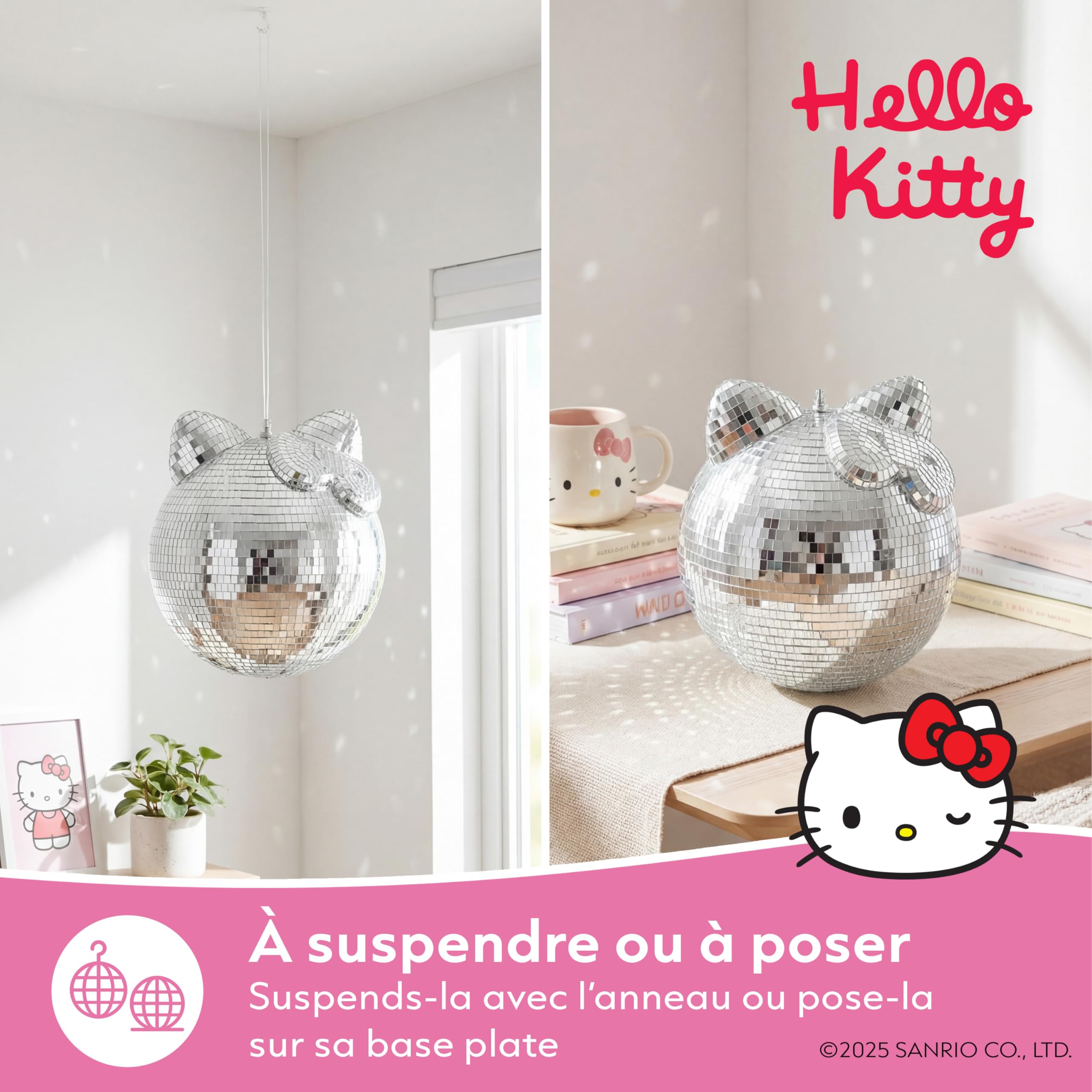 Hello Kitty Boule à facettes, décorative, avec effet miroir, lumière disco, pour chambre d'enfant et anniversaire, 25 x 25 x 27 cm, mini boule à facettes, décoration pour l'intérieur et l'extérieur