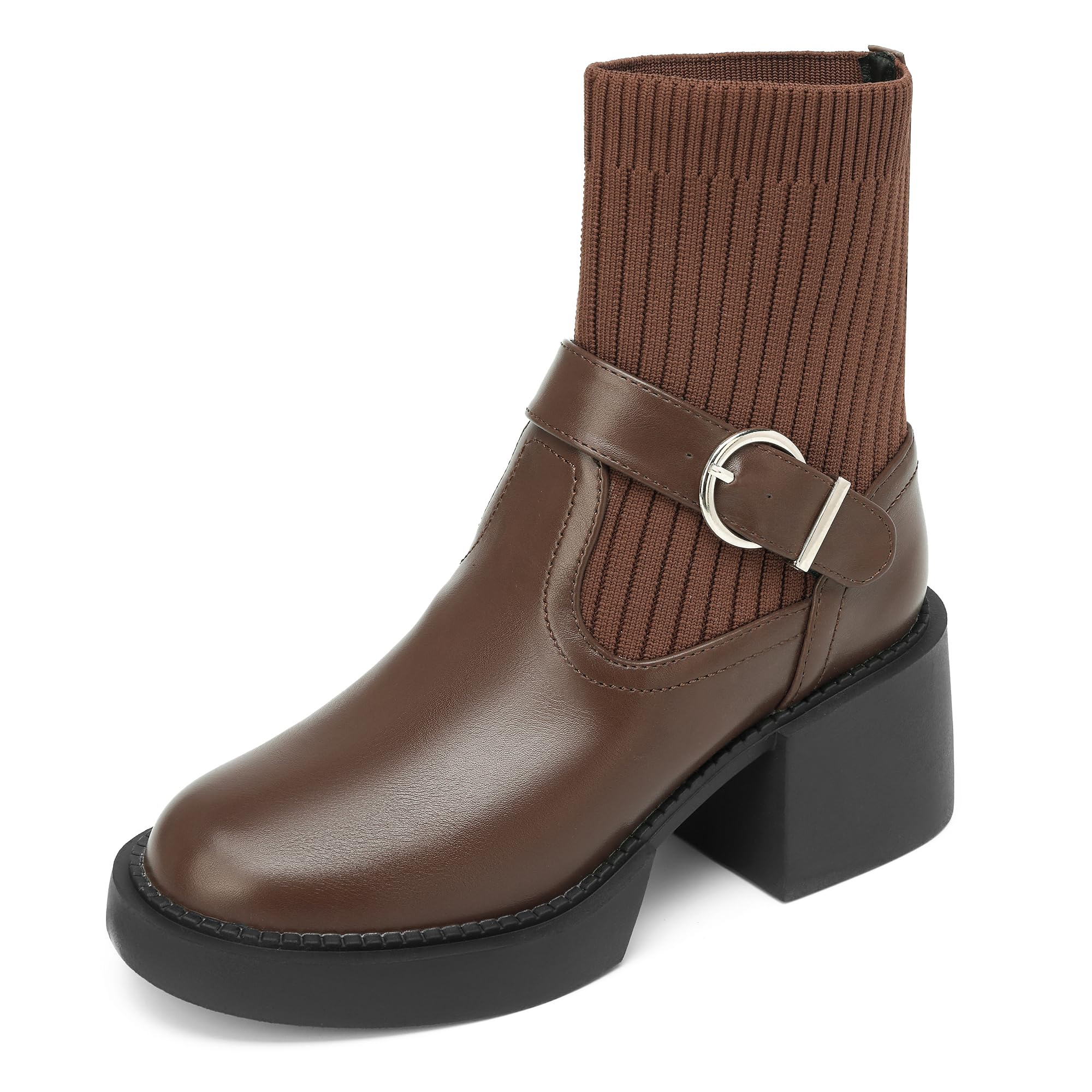 NEWBELLA Women's Chunky Platform Ankle Boots - Knit Sock Booties with Side Buckle Strap, Pull-On Block Heel Boots for Casual Streetwear