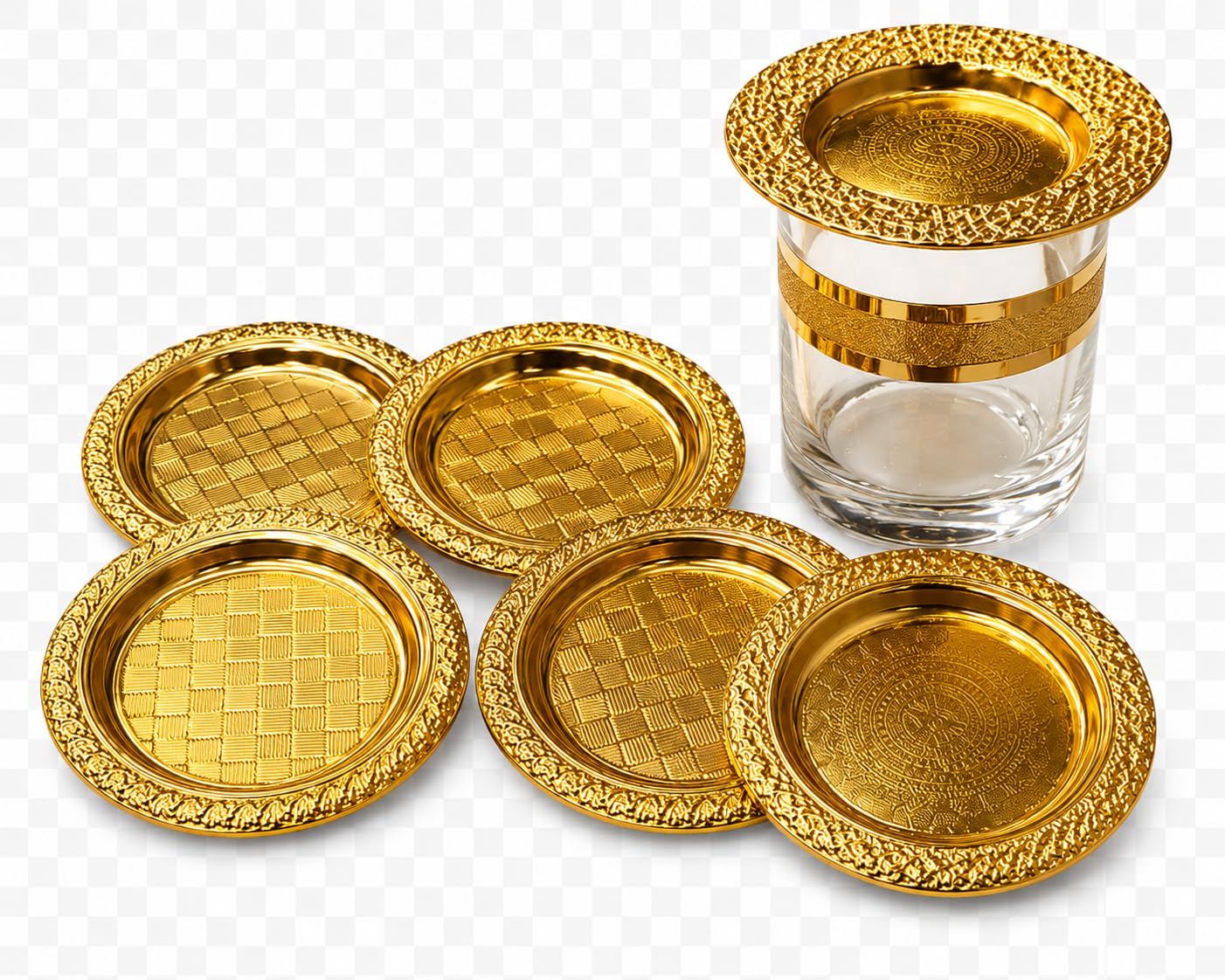 Golden Luxe Coaster Set, 6 Pieces, Gold, 9 cm | Woven Texture Design, Includes Glass Holder, Durable & Long Lasting, Gift Box Included, Elegant Embossed Border-image-22