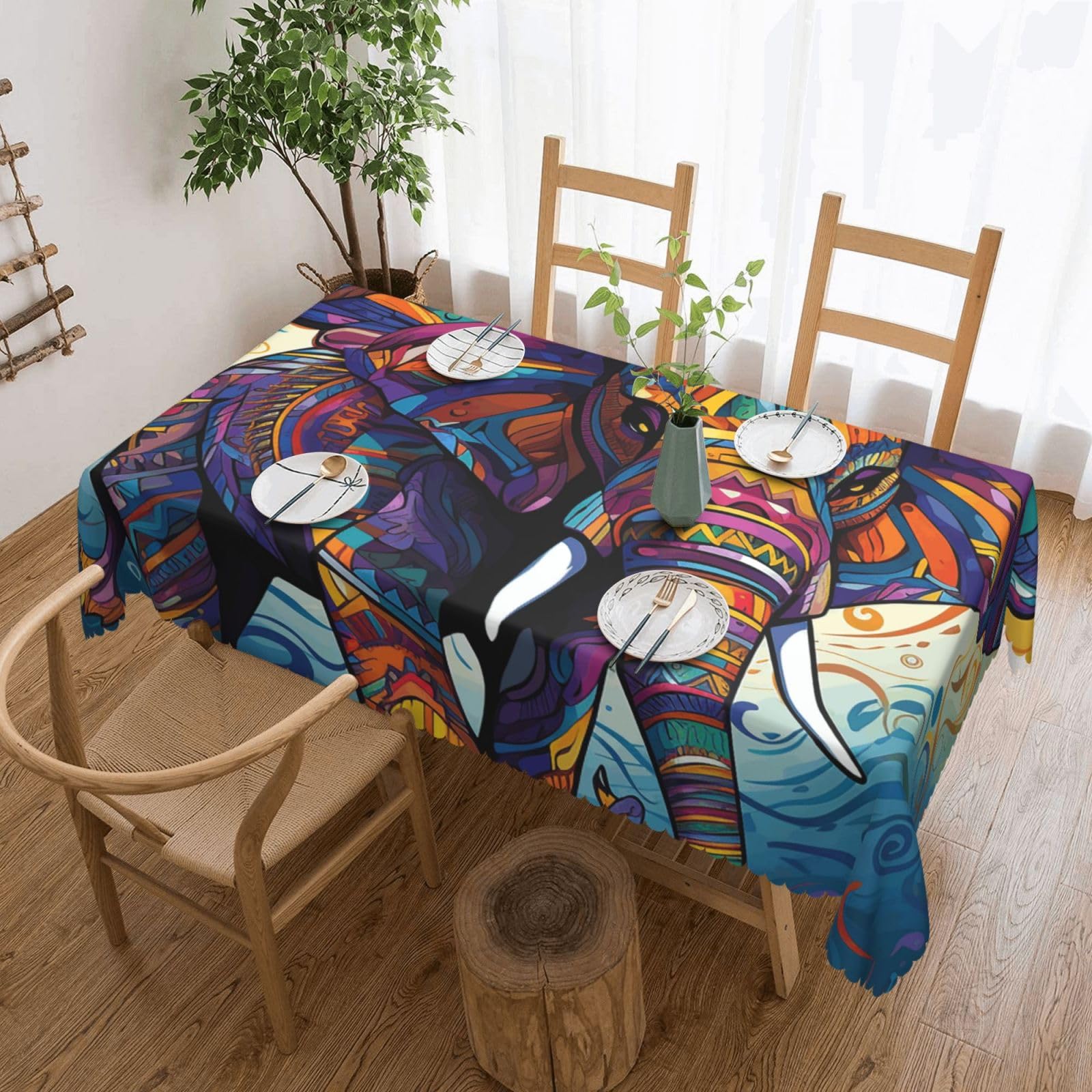 Fodpand Black Colorful Elephant Tablecloths For Rectangle Tables 72 X 54 Inches - Reusable And Washable Table Clothes Decorative Table Cover For Dining Tables, Buffet Parties, Wrinkle Resistant