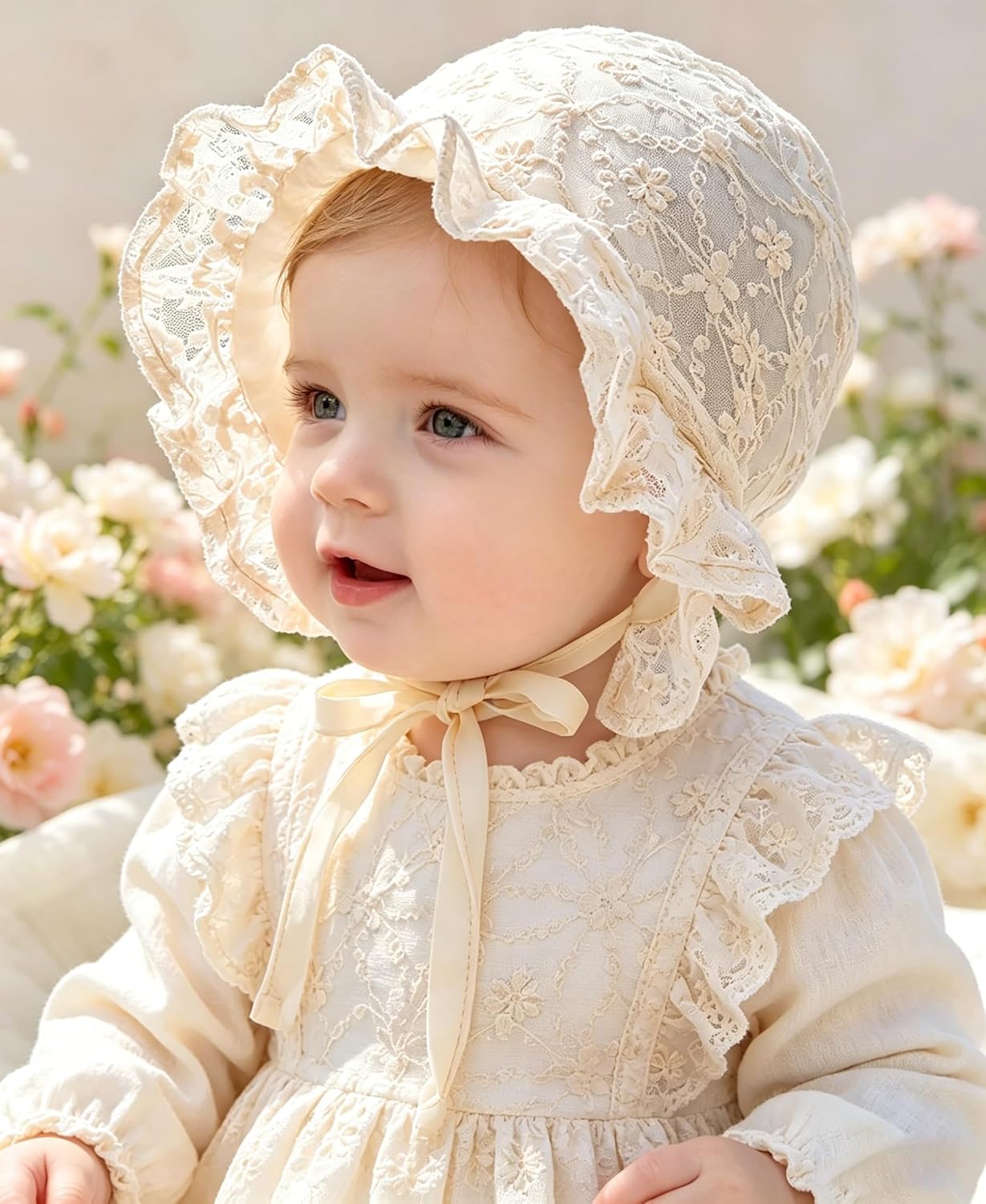Baby-Girls-Boys-Bonnet Newborn-Infant Double-Layer Sun-Hat Toddler Soft Lace-Court-Cap with Chin Strap 0-12 Month