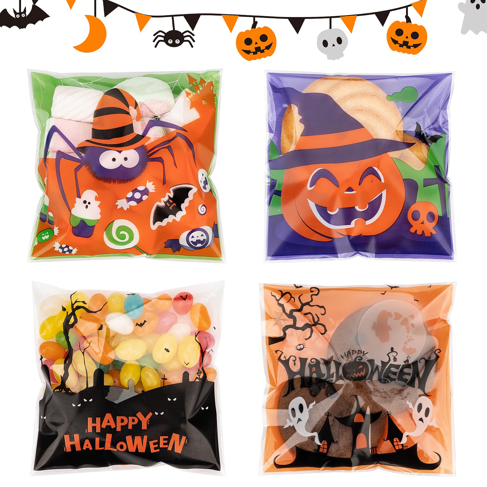 200pcs Self Adhesive Halloween Cookie & Candy Bags - Trick or Treat Favor Party Bags