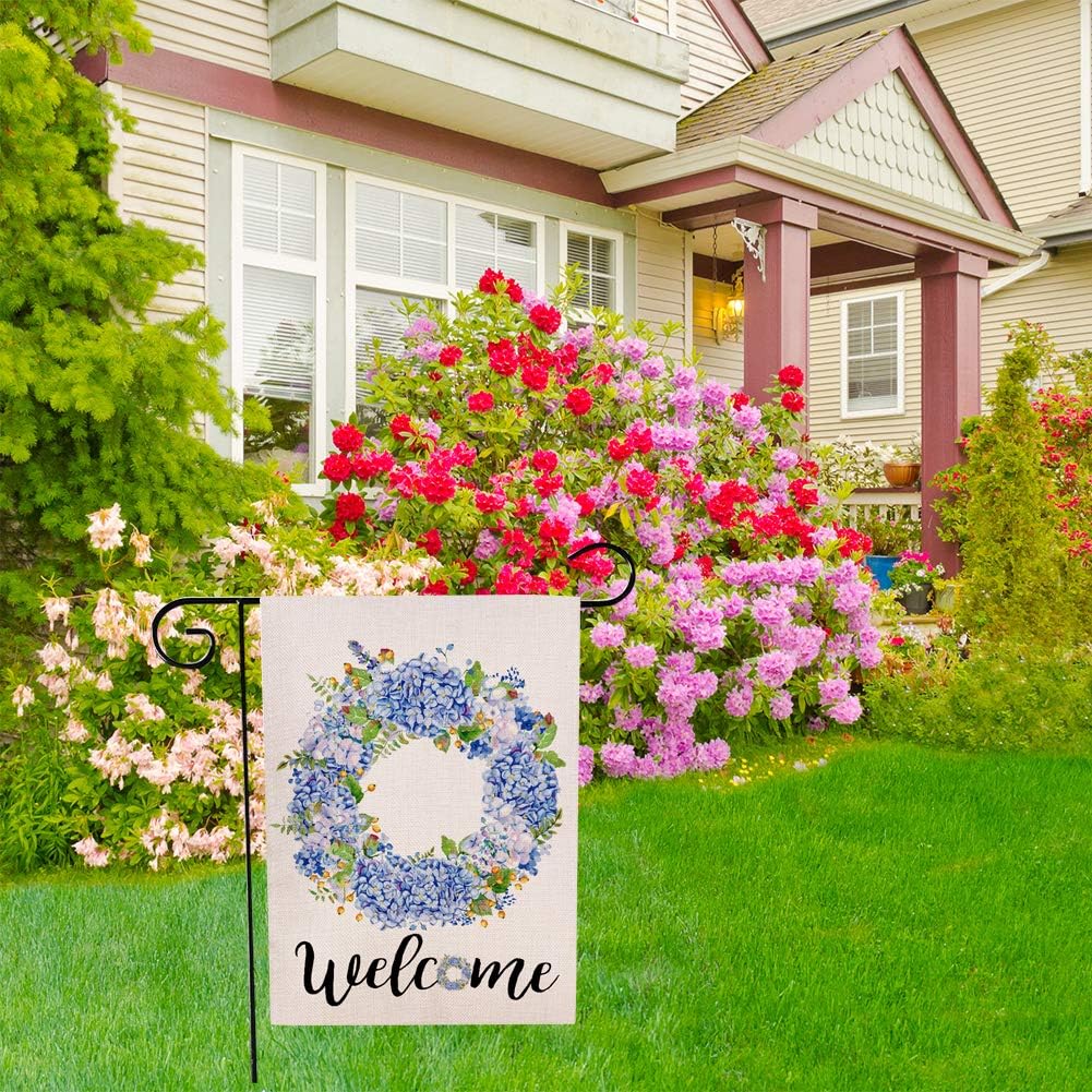 Welcome Blue Hydrangea and Berries Wreath Small Garden Flag Vertical Double Sided 12 x 18 Inch Summer Burlap Yard Décor - Image 4