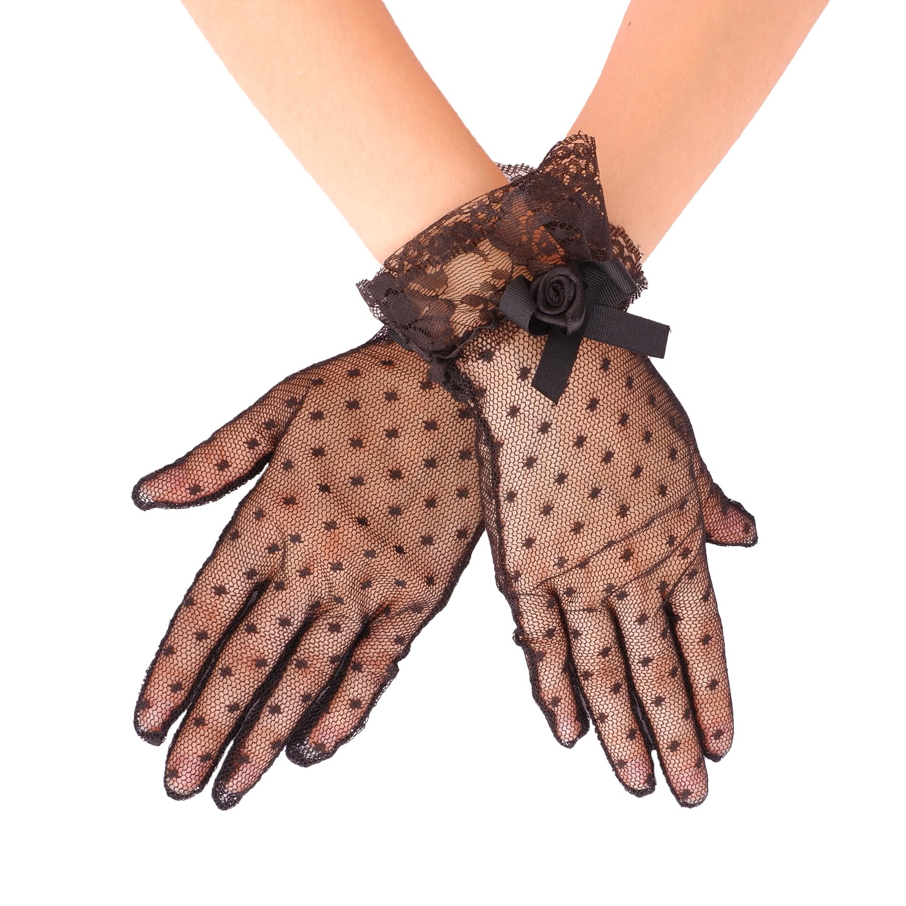 LIMELIA Braut-Hochzeitshandschuhe für Damen und Mädchen, durchsichtiges Rosendetail, ideal für Geburtstagsfestzug, Kostüm, Henna-Nacht, Schwarz