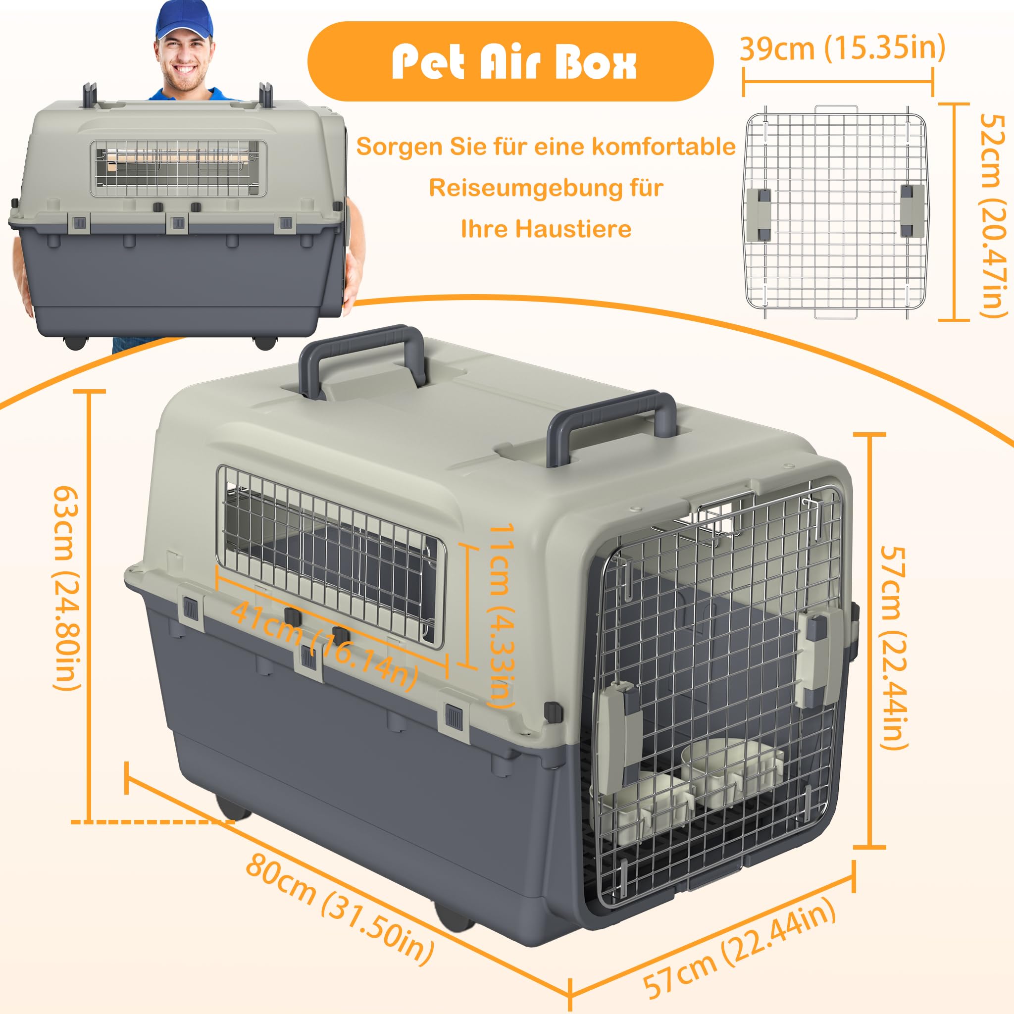 XMTECH Hundetransportbox Transportbox Flugzeugbox für Tiere, Reisebox für Hunde, mit Sicherheitsverriegelung & Lüftungsgitter, L 80 x B 57 x H 57 cm