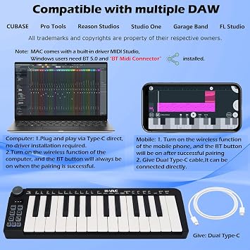 M-VAVE 25 Keys Mini Keyboard Professional Beat Maker and Keytar for Keyboard Music Production Builtin Battery Wireless Connect Black