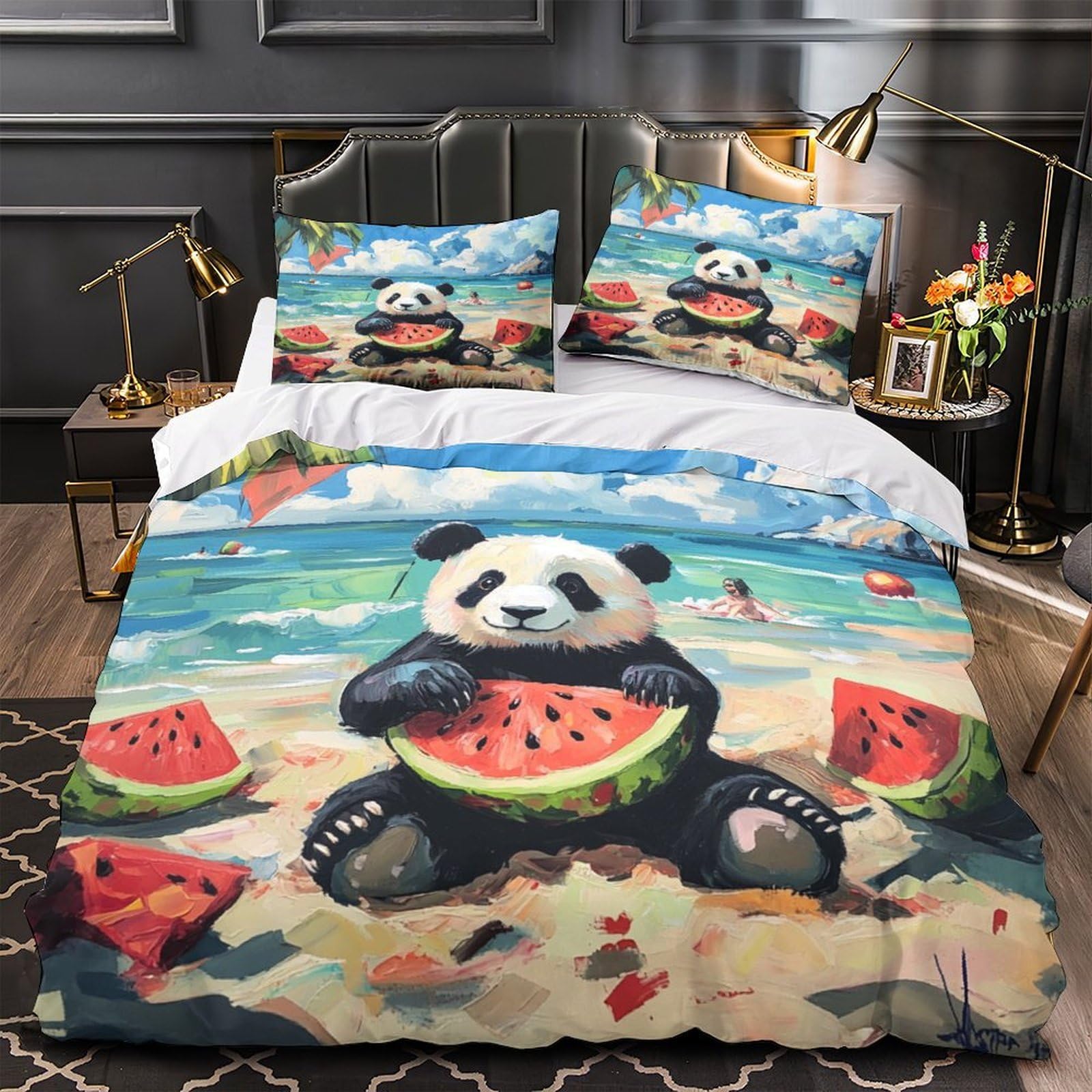 Housse de couette panda 220x240 cm avec 2 taies d'oreiller en microfibre pour lit King